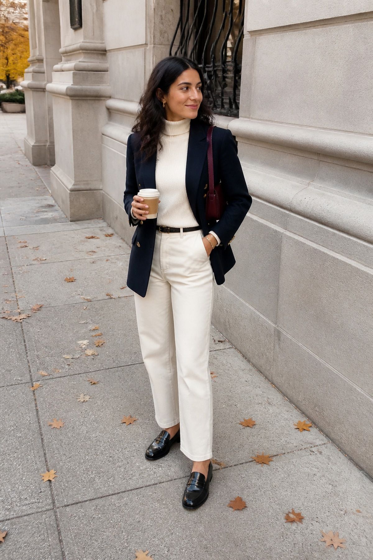 Woman wearing a navy blazer over a cream cashmere turtleneck, an old money fall outfit