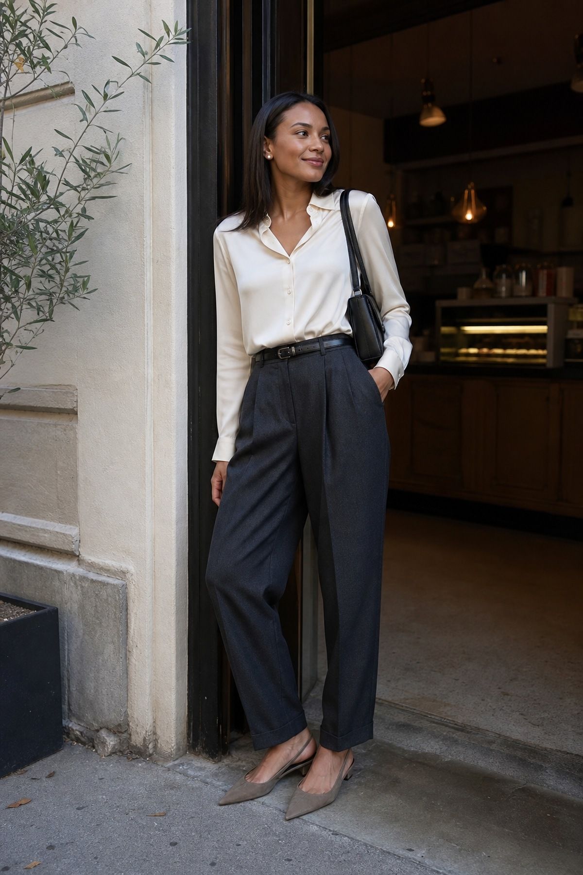 Woman wearing a cream silk blouse tucked into a pleated wool trouser, an old money fall outfit
