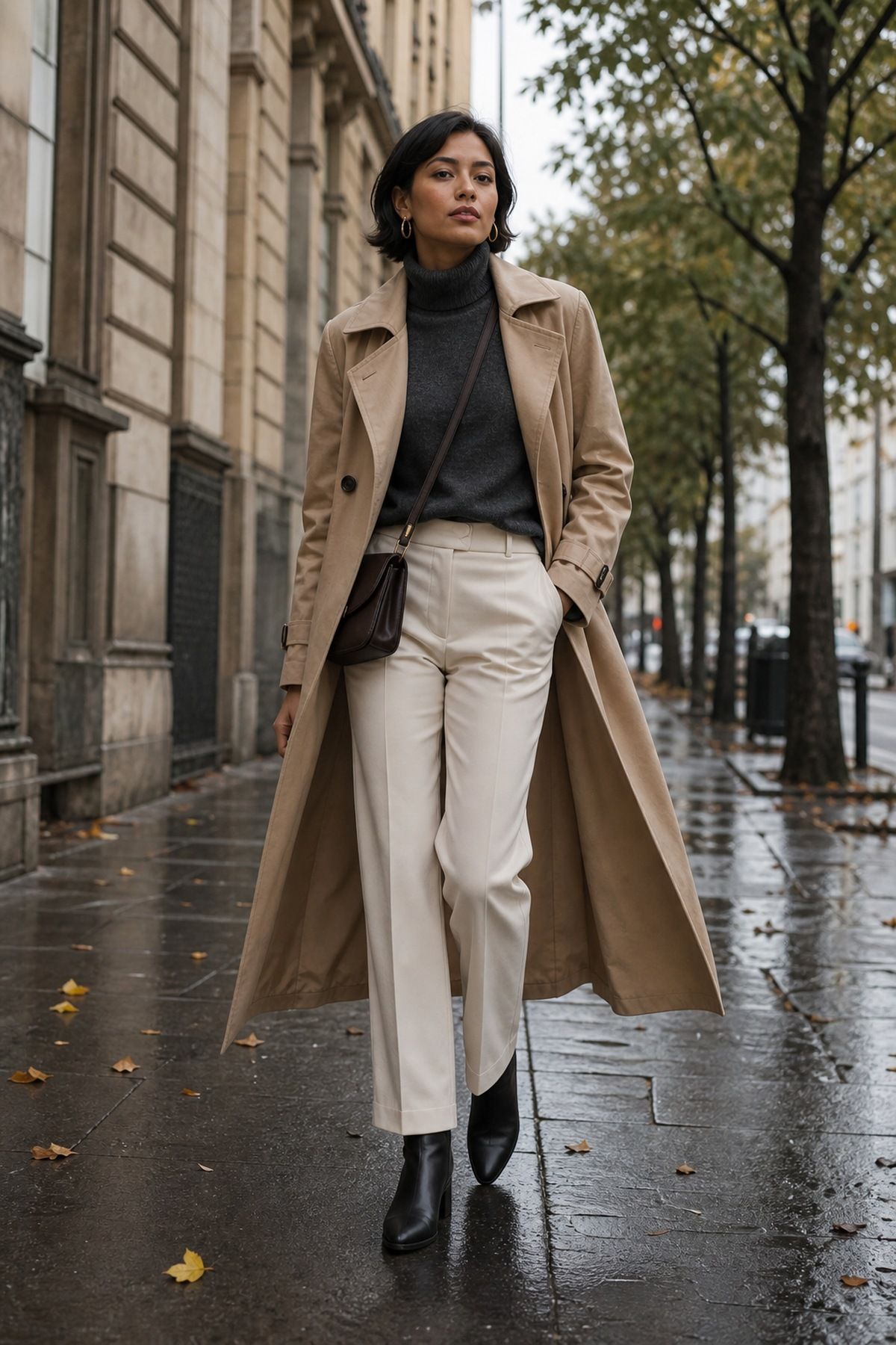 Woman wearing a camel trench over a charcoal cashmere turtleneck, an old money fall outfit