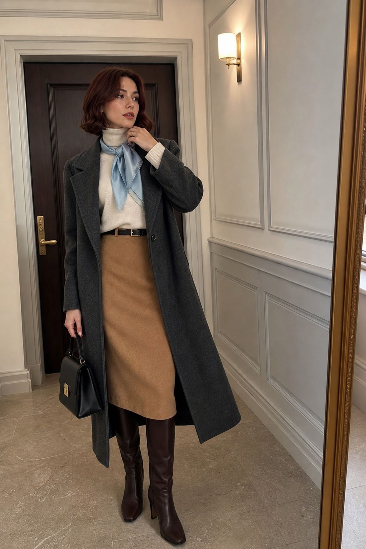 Woman wearing a long wool coat over a cashmere turtleneck and skirt, an old money fall outfit