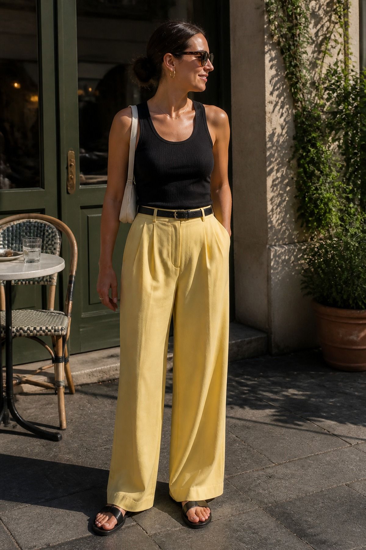 Woman wearing a tank + wide leg trousers