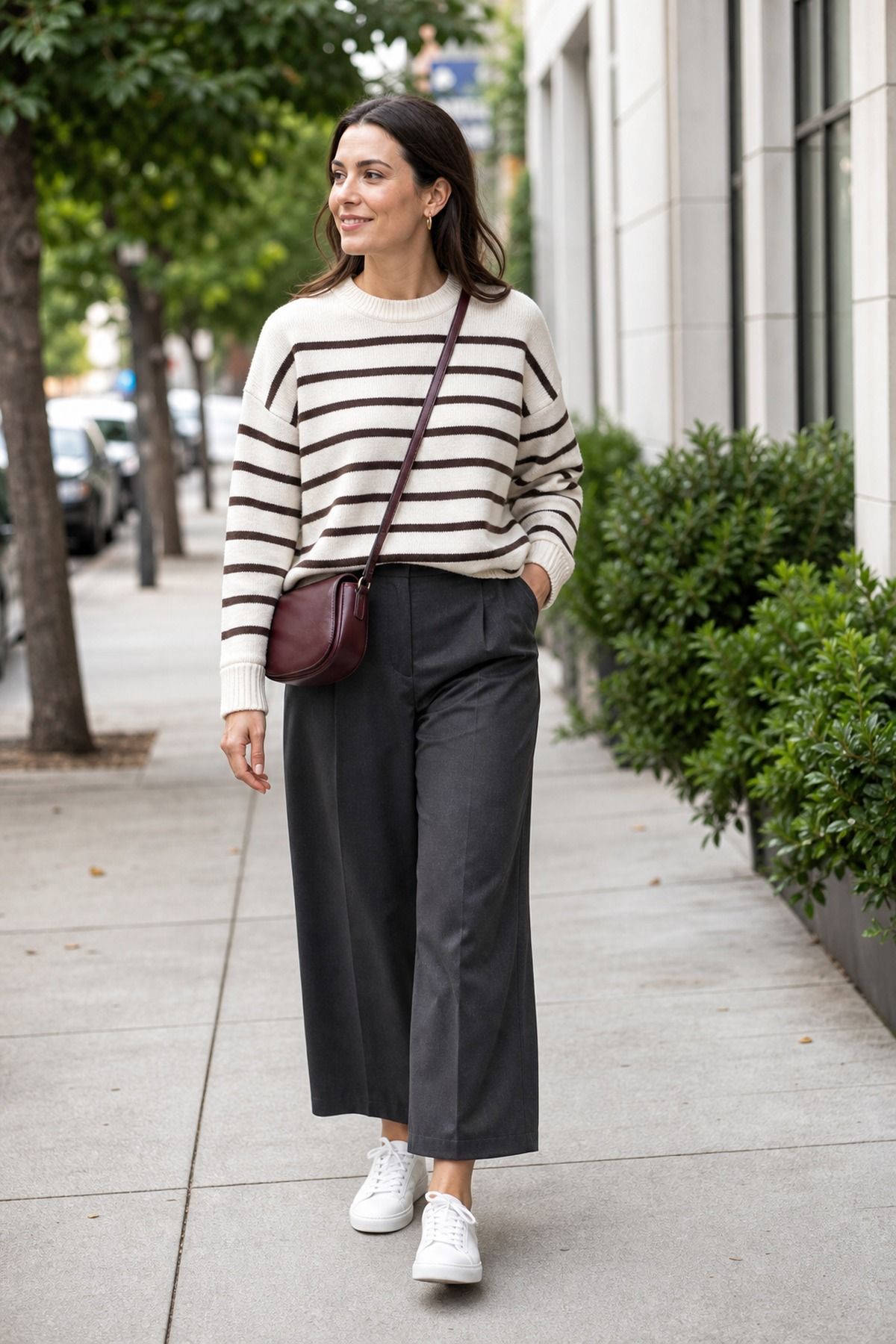 Woman wearing a sweater + trousers + sneakers
