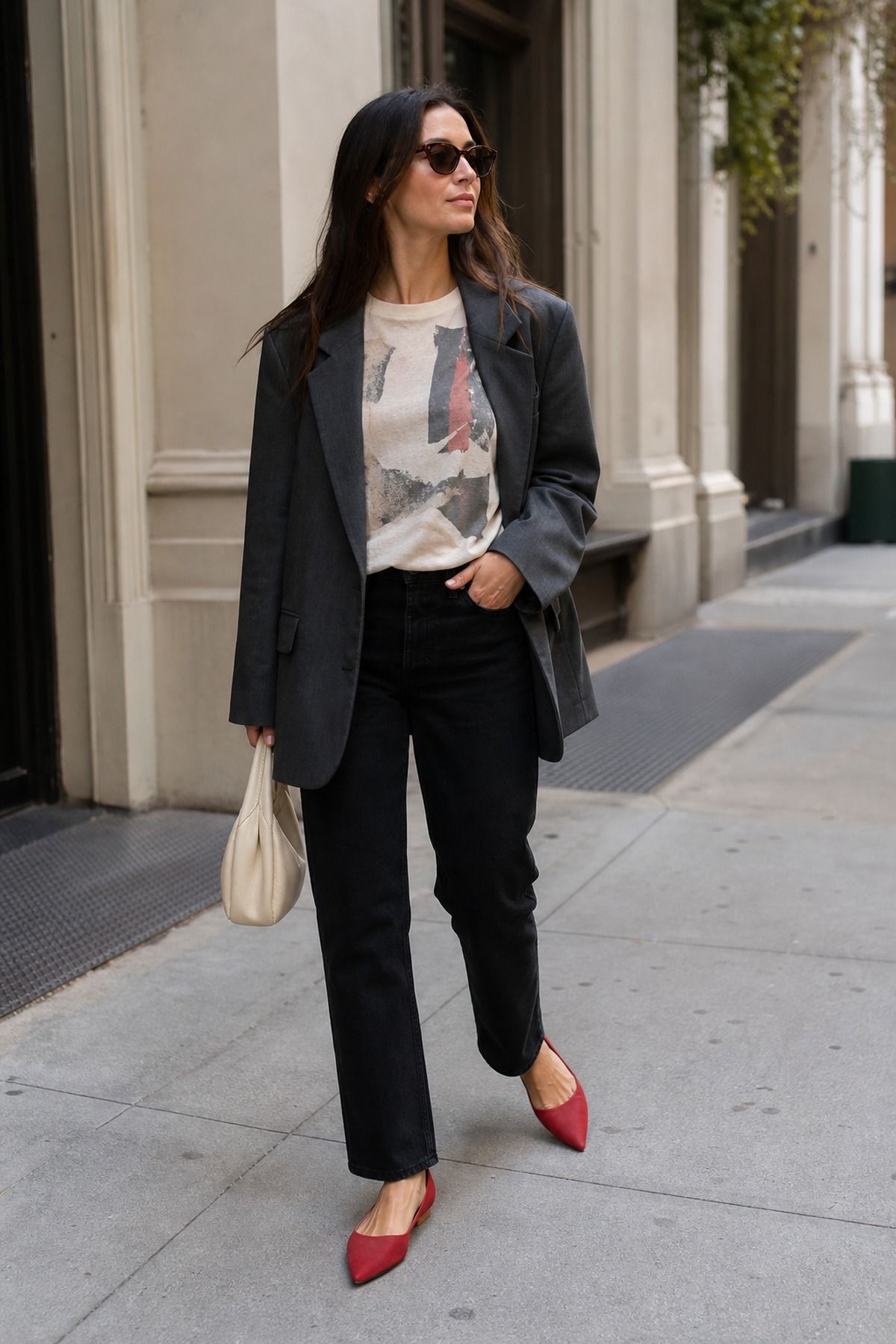 Woman wearing a graphic tee + blazer