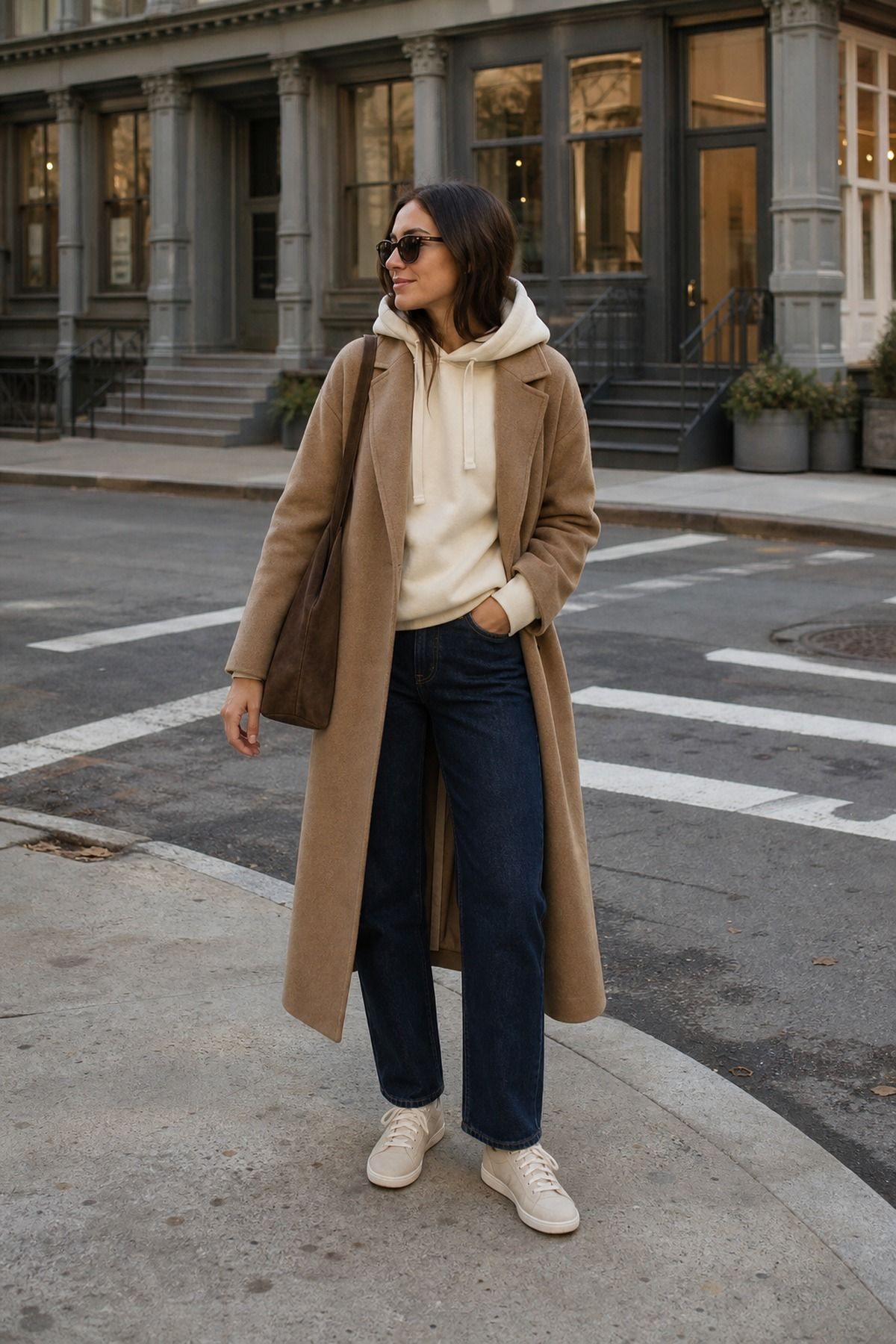Woman wearing a hoodie + long coat