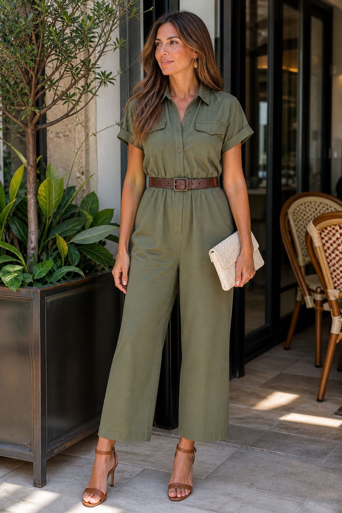 Woman wearing a jumpsuit + belt