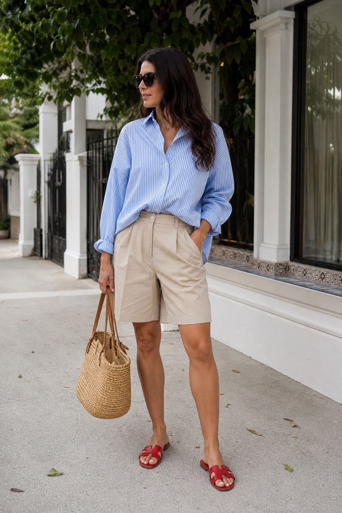 Woman wearing shorts + button down
