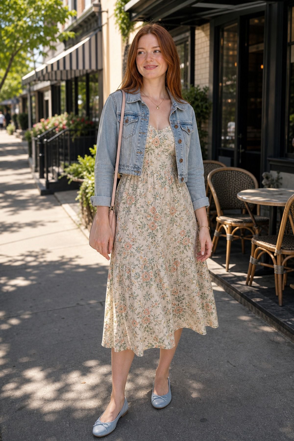 Woman wearing a floral midi dress with a cropped denim jacket, a spring brunch outfit