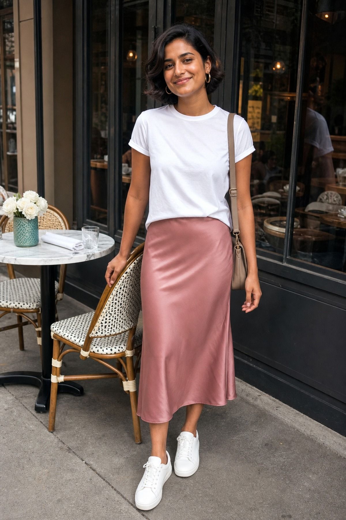 Woman wearing a satin midi skirt with a cotton tee, a spring brunch outfit