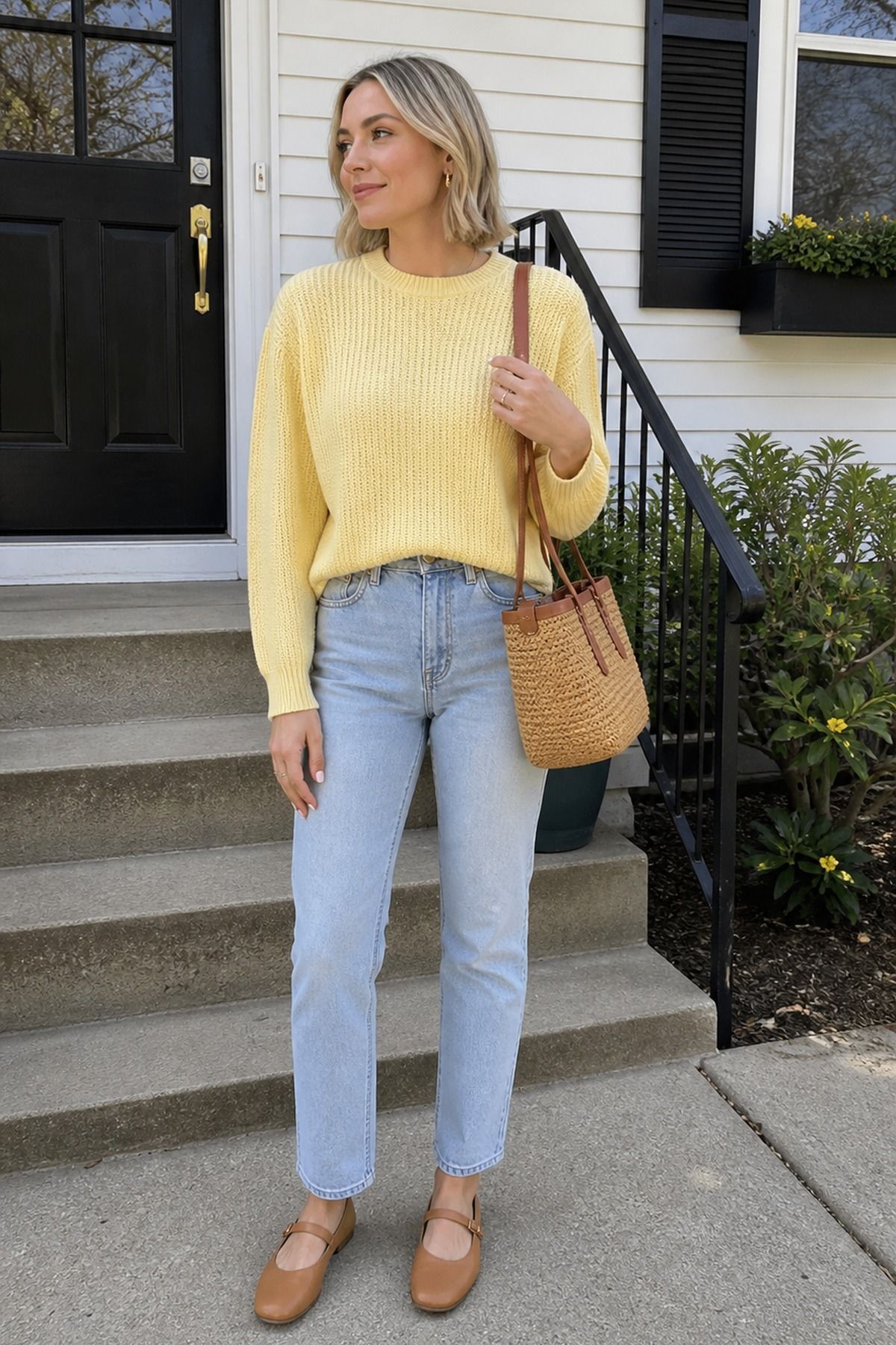 Woman wearing a soft pastel sweater with light wash jeans, a spring brunch outfit