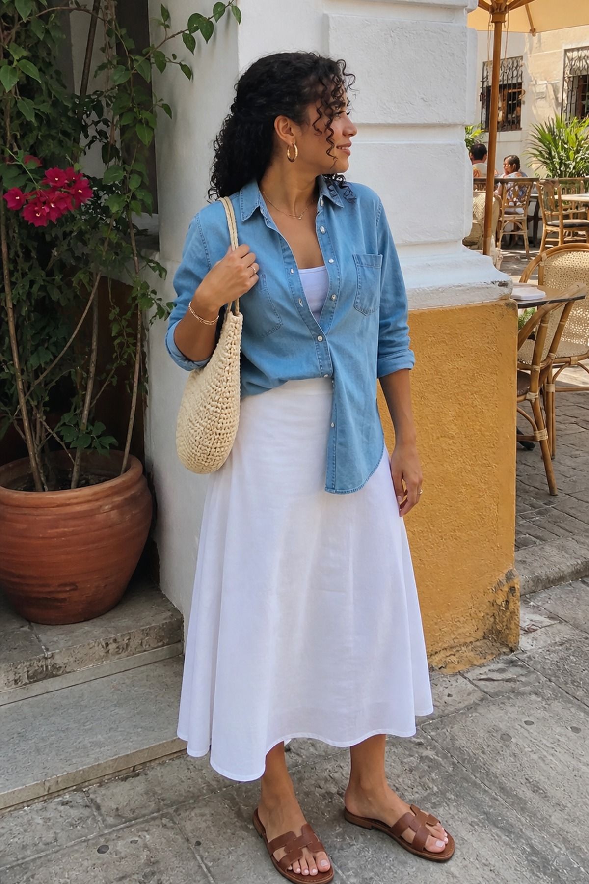 Woman wearing a chambray shirt with a white midi skirt, a spring brunch outfit