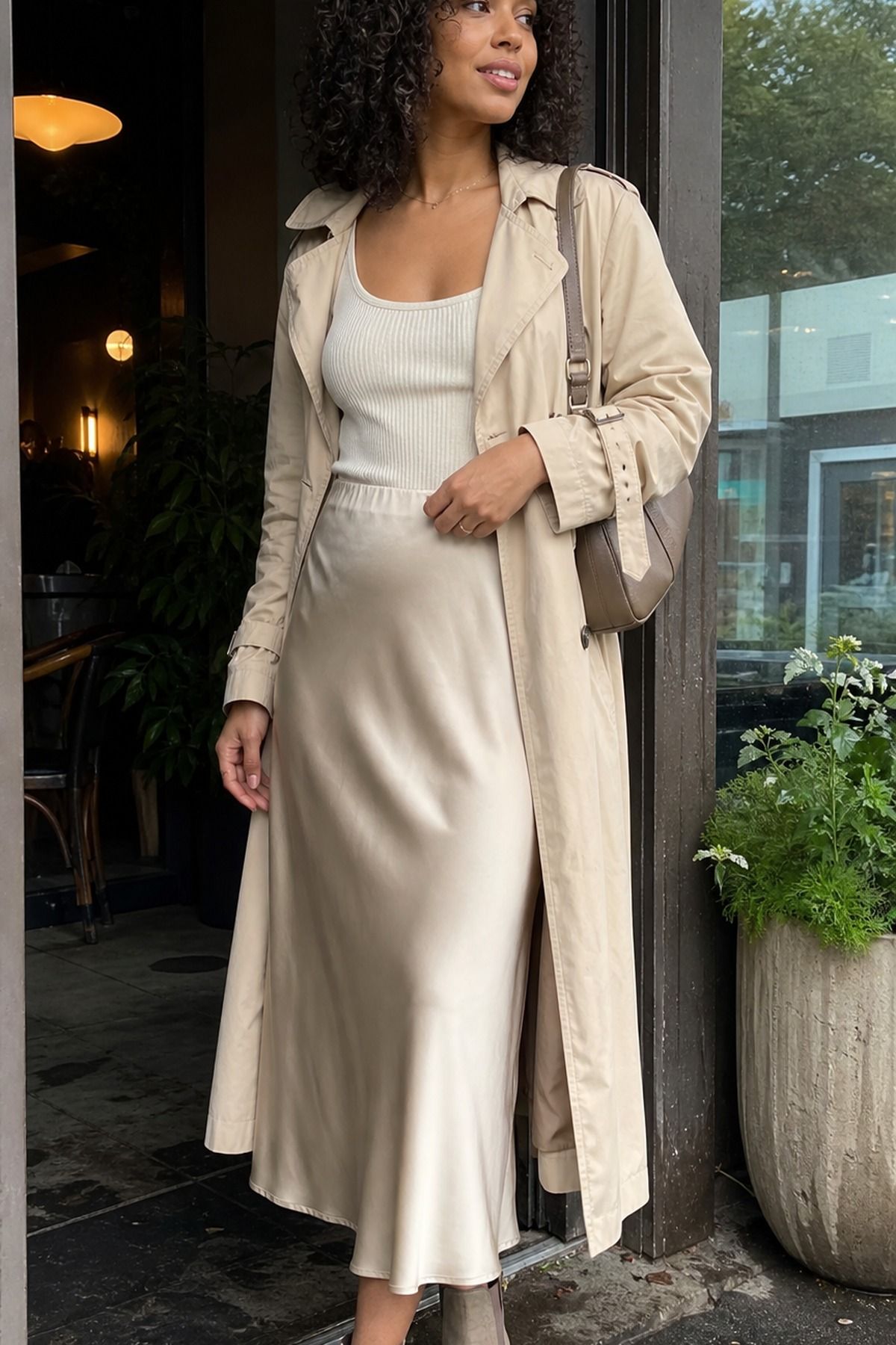 Woman wearing a lightweight trench with a slip skirt, a spring brunch outfit
