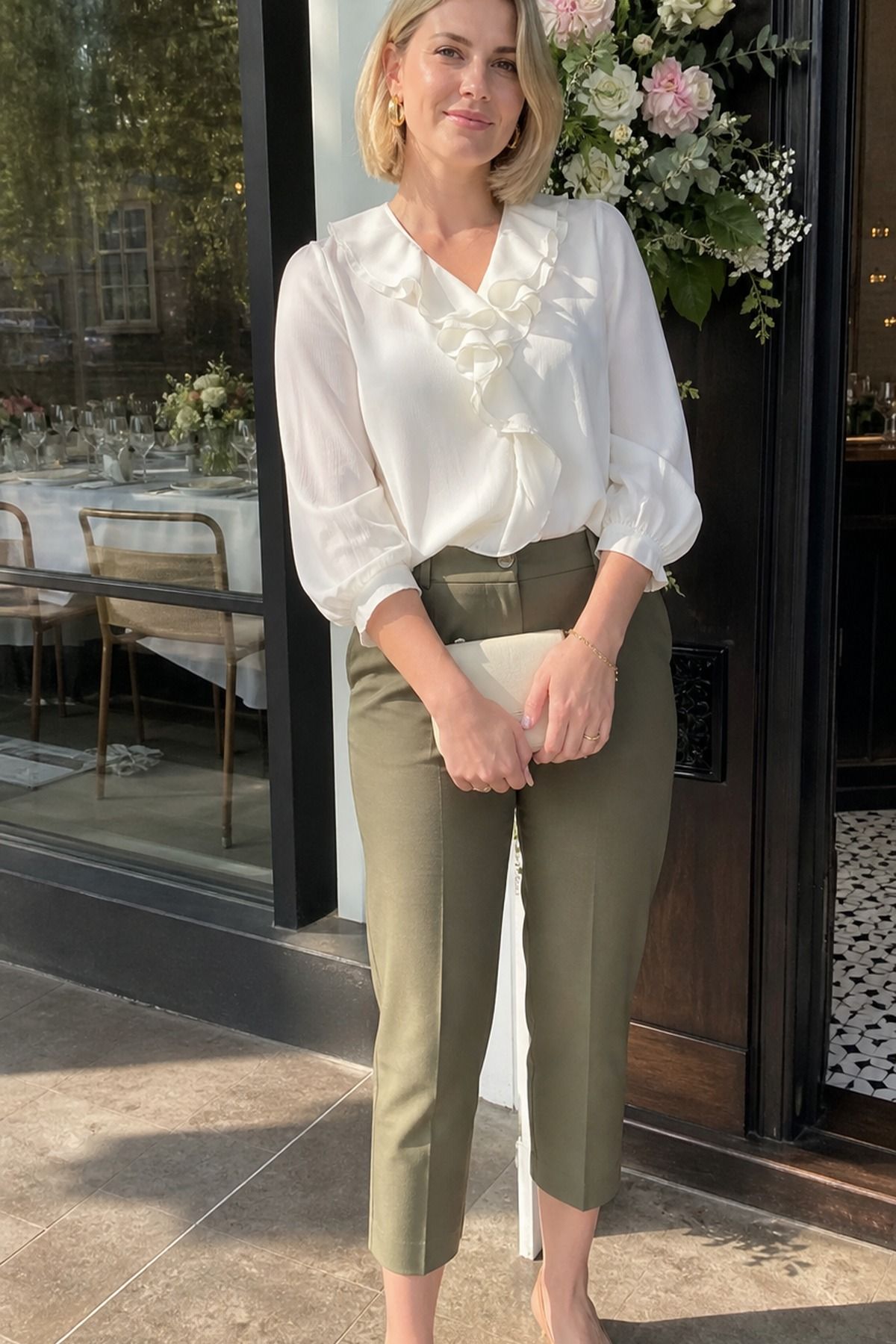 Woman wearing a ruffled blouse with cropped trousers, a spring brunch outfit