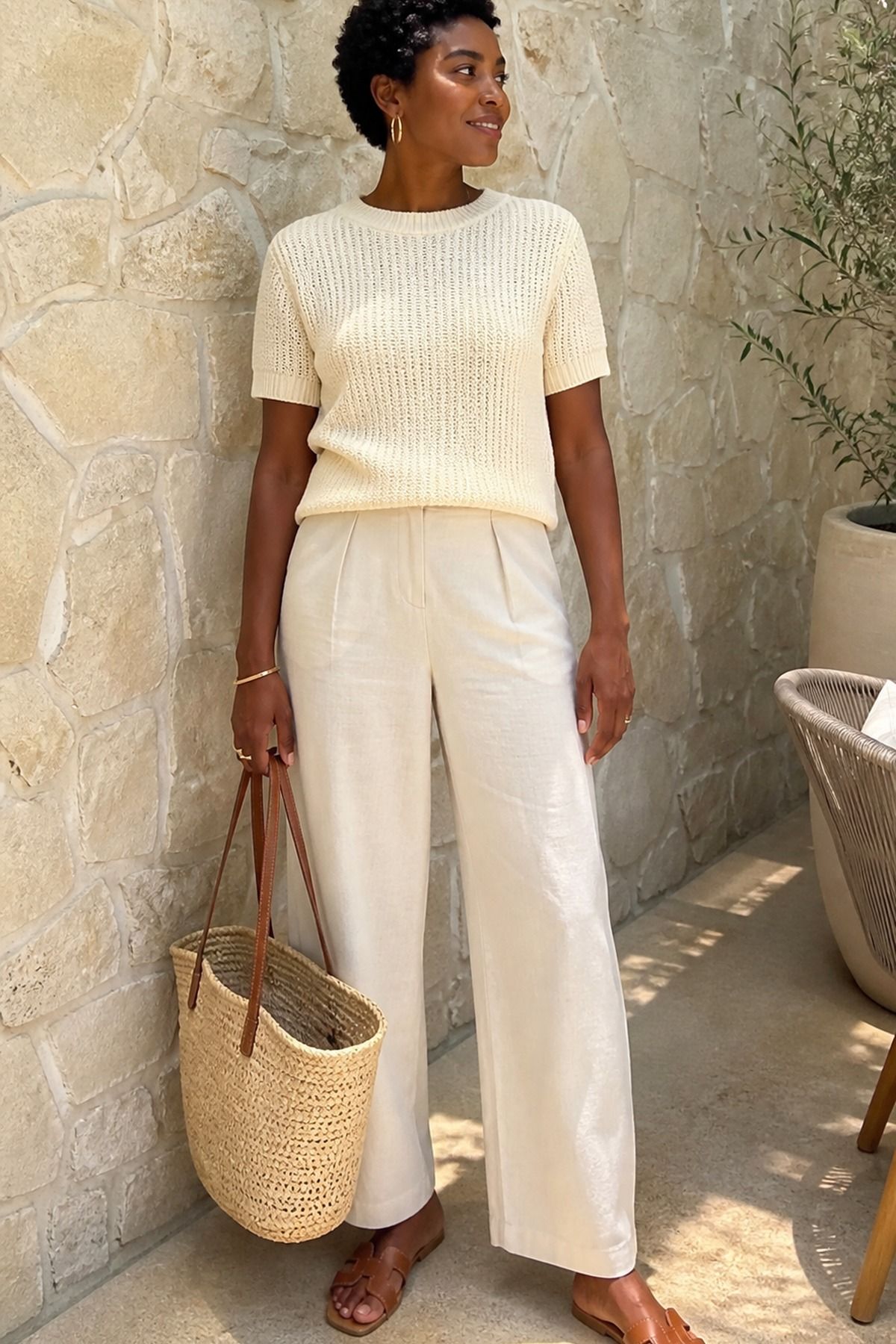 Woman wearing a cream monochrome outfit with a straw tote, a spring brunch outfit