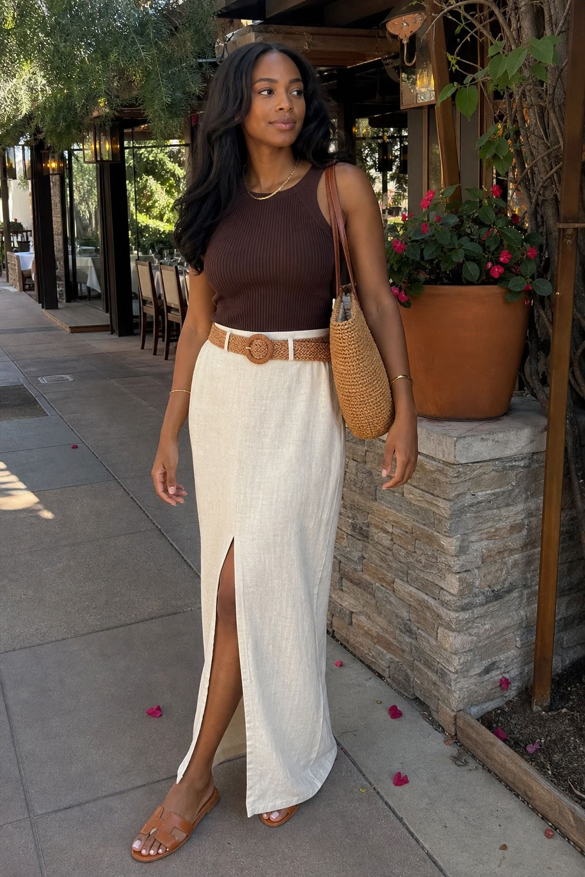 Woman wearing a knit tank with a linen maxi skirt, a spring date night outfit