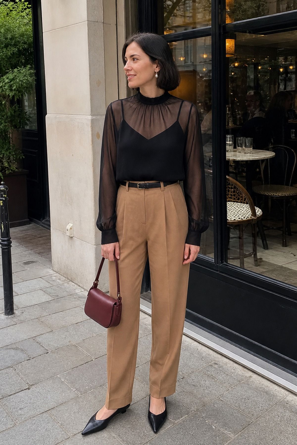 Woman wearing a sheer-sleeve top with tailored pants, a spring date night outfit