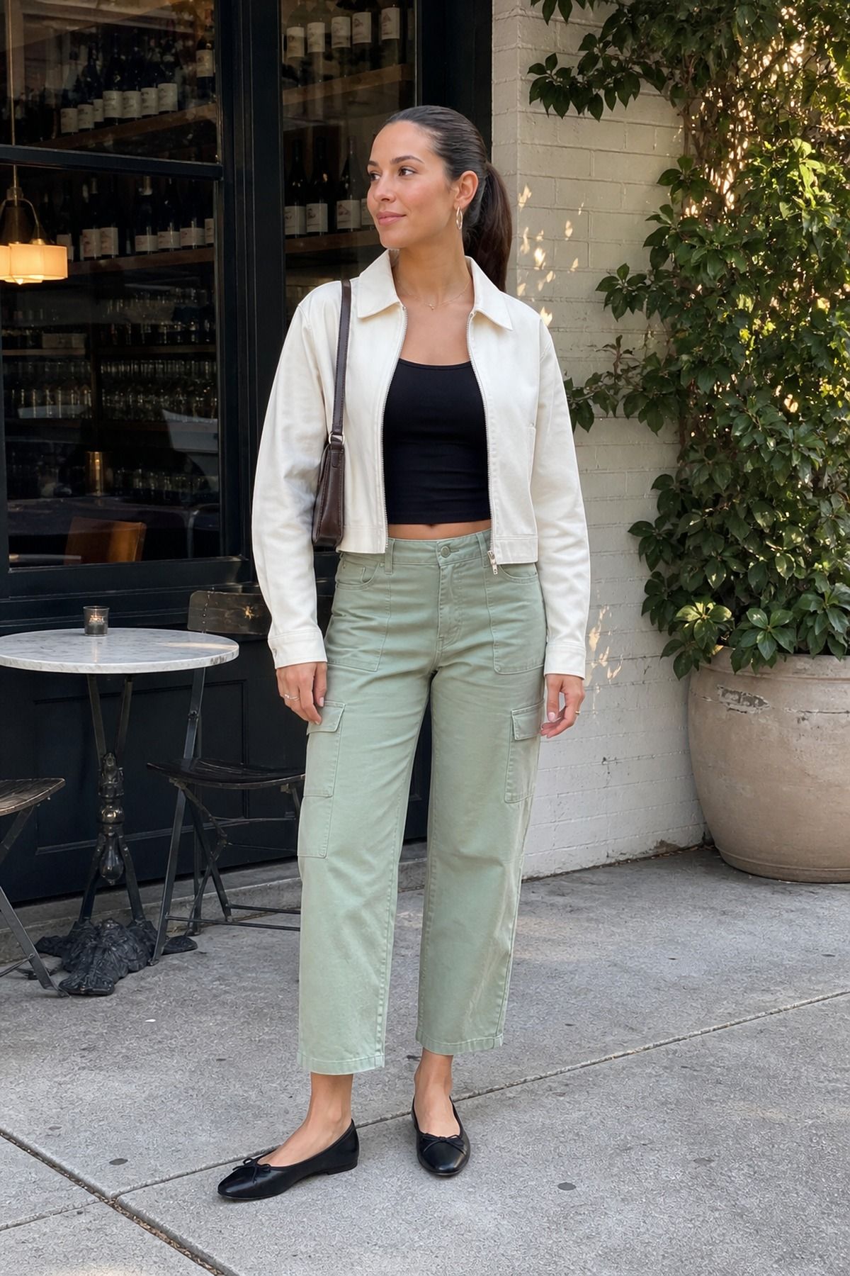 Woman wearing soft cargo pants with a fitted black tank, a spring date night outfit
