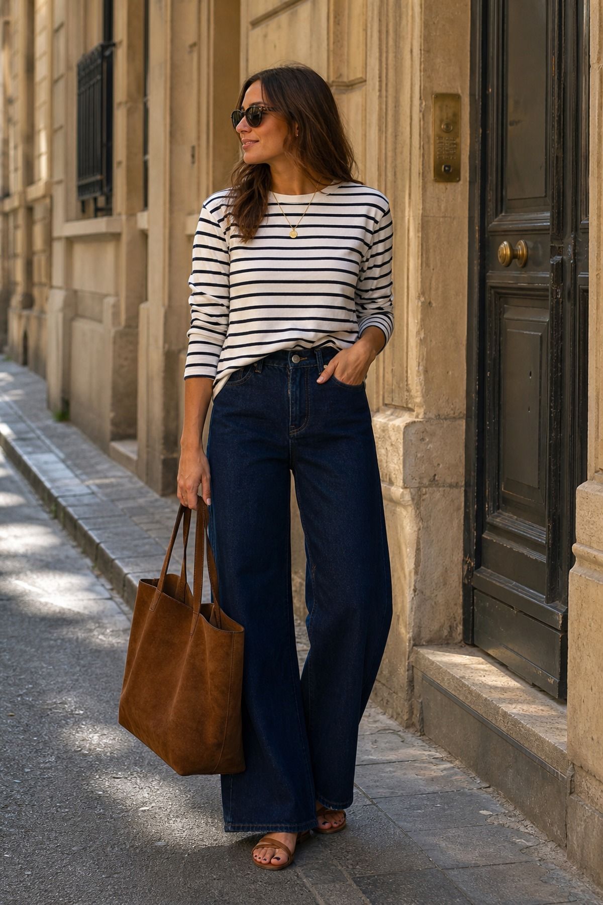 Woman wearing a striped shirt with dark wide-leg jeans, a spring jeans outfit