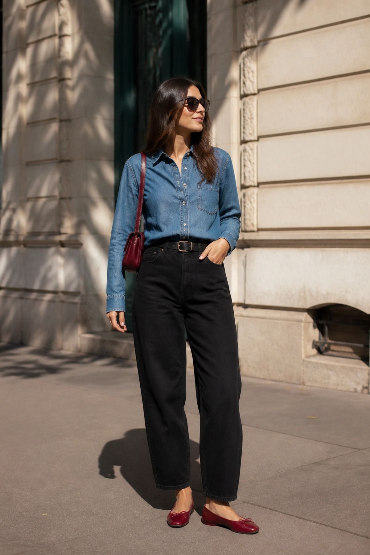 Woman wearing a denim shirt with black barrel jeans, a spring jeans outfit