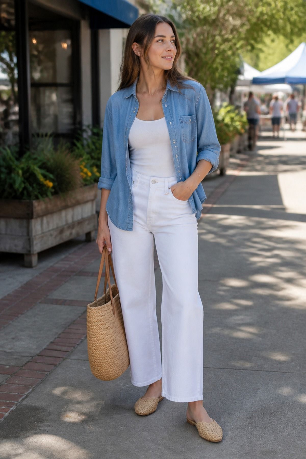Woman wearing a chambray shirt with white wide-leg jeans, a spring jeans outfit