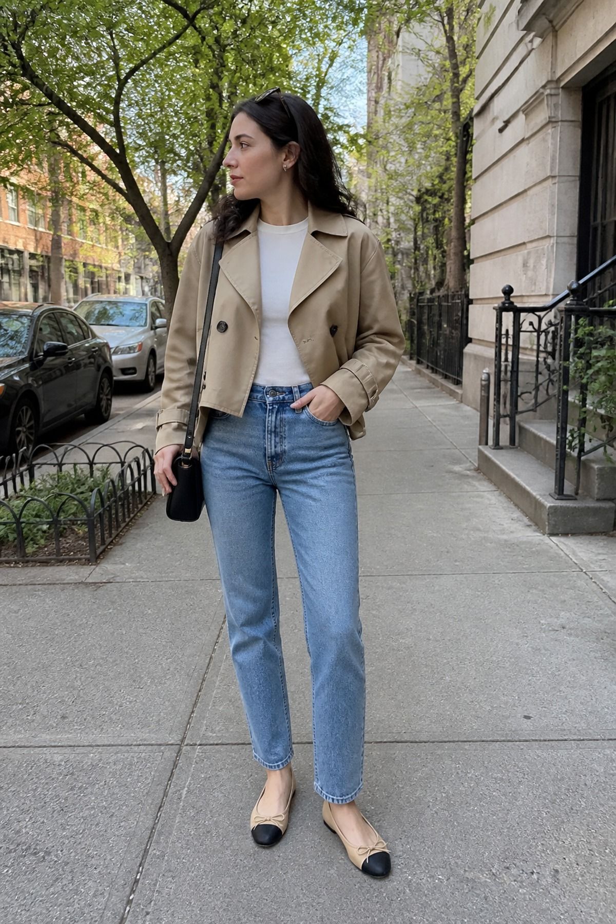 Woman wearing a cropped trench with slim straight jeans, a spring jeans outfit