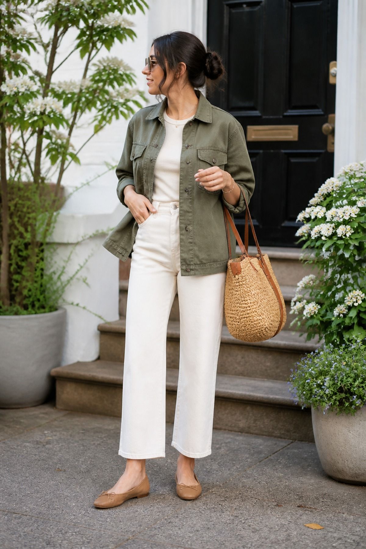 Woman wearing an utility jacket with cream jeans, a spring jeans outfit