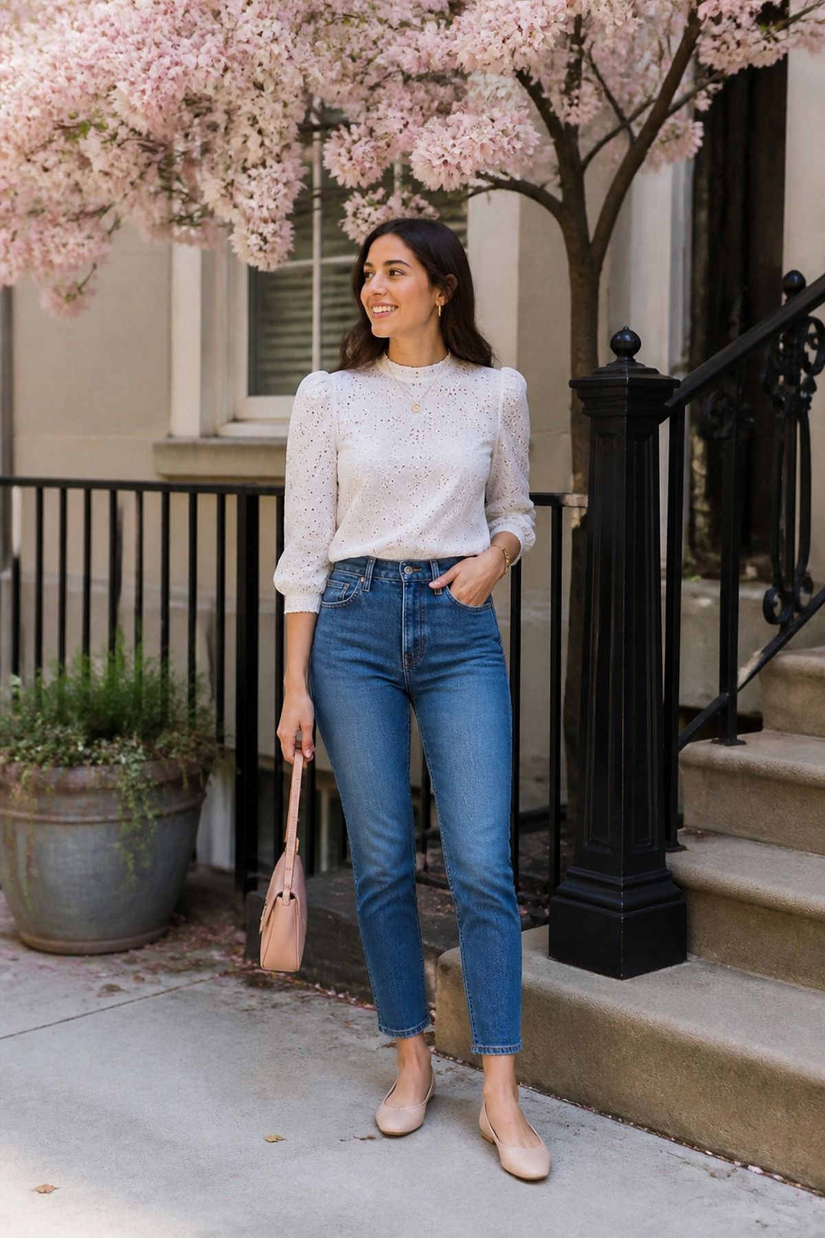 Woman wearing an eyelet blouse with high-rise jeans, a spring jeans outfit