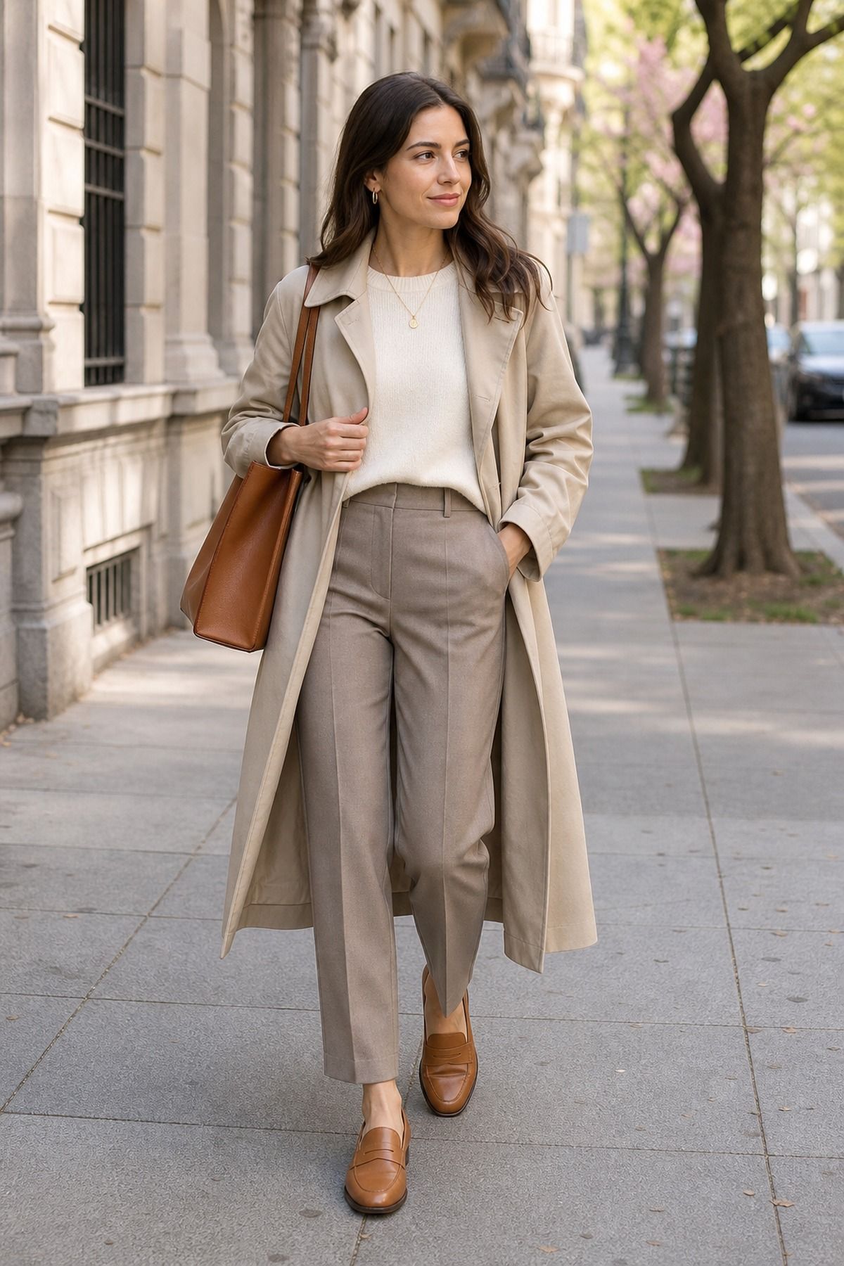 Woman in a long beige trench coat worn open over a cream knit with taupe straight trousers, tan loafers and a cognac shoulder bag on a tree-lined city sidewalk