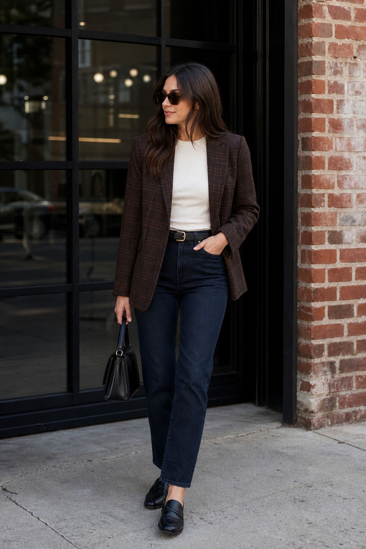 Woman in a dark brown tweed blazer over a cream top with dark straight jeans, black loafers, sunglasses and a small black bag next to a brick building