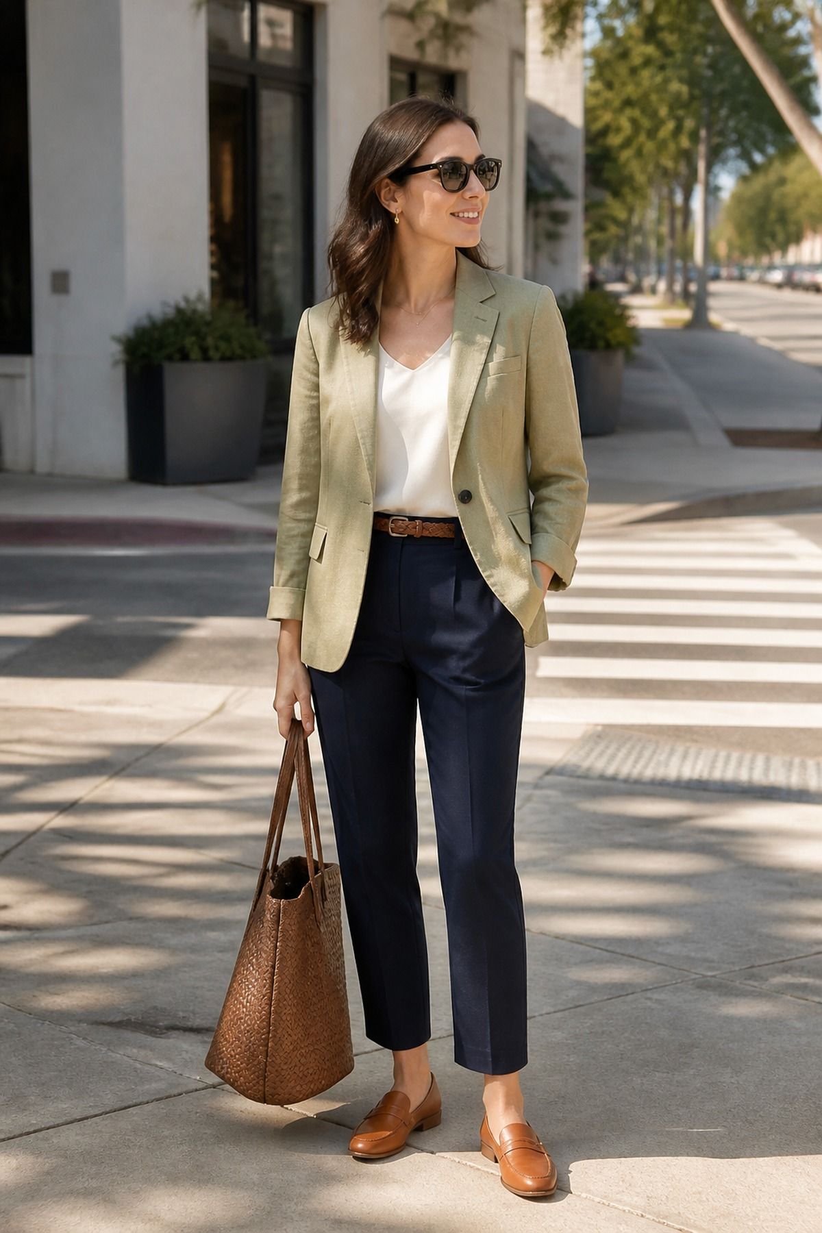 Woman in a sage linen-blend blazer over a white top with navy cropped trousers, a brown belt, brown loafers, sunglasses and a woven brown tote on a sunny street