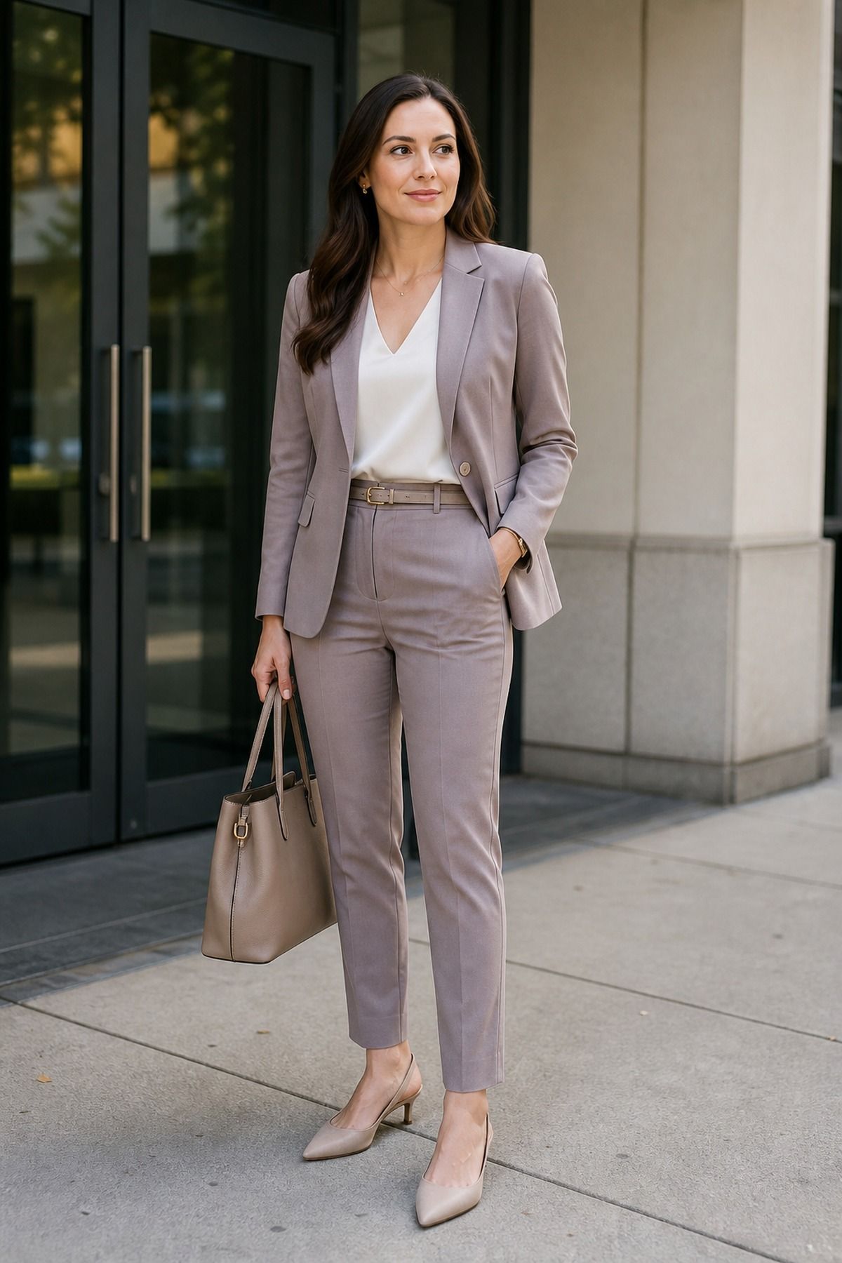 Woman in a mauve-gray suit with a blazer and matching trousers over a white top with nude pointed heels and a taupe tote outside an office building