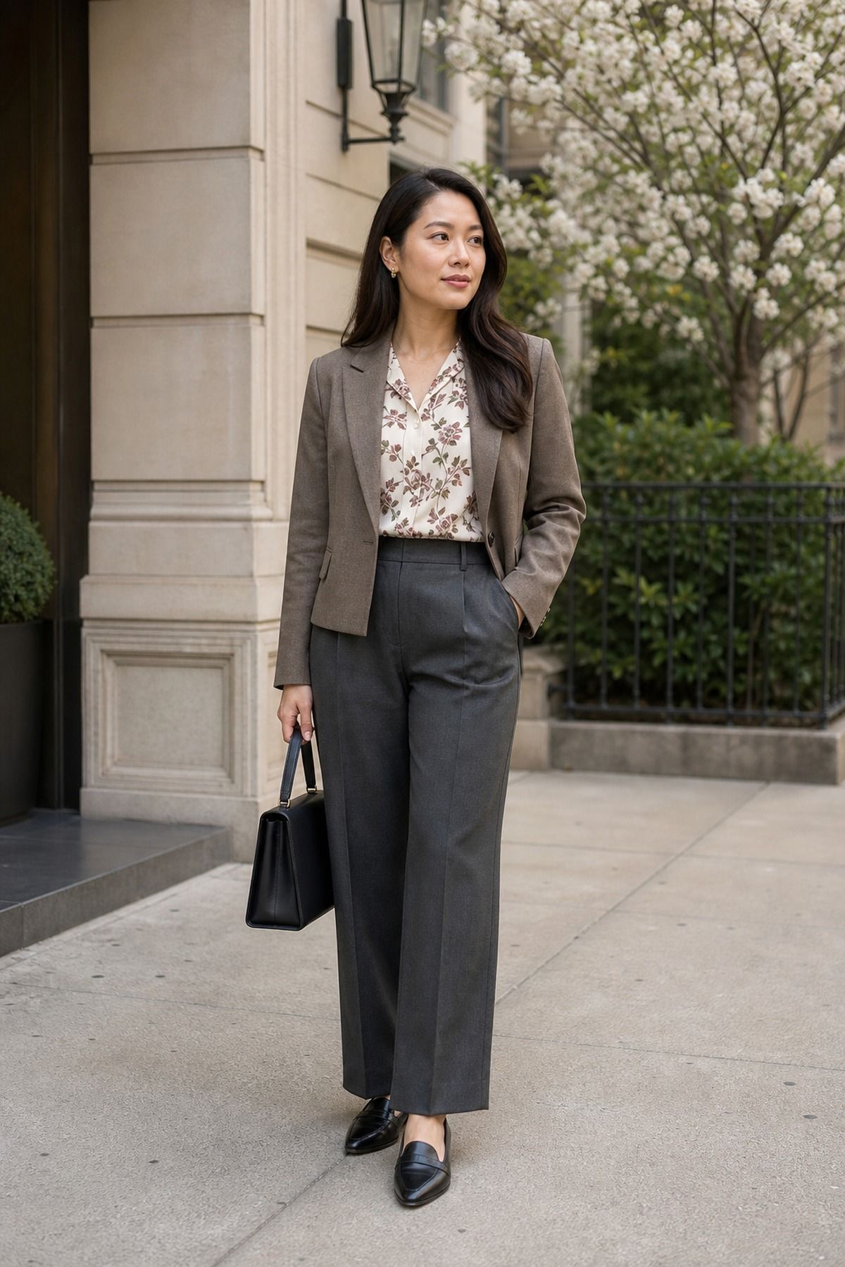 Woman in a cream blouse with a dark floral print under a taupe blazer with charcoal wide trousers, black loafers and a black bag in front of a stone building