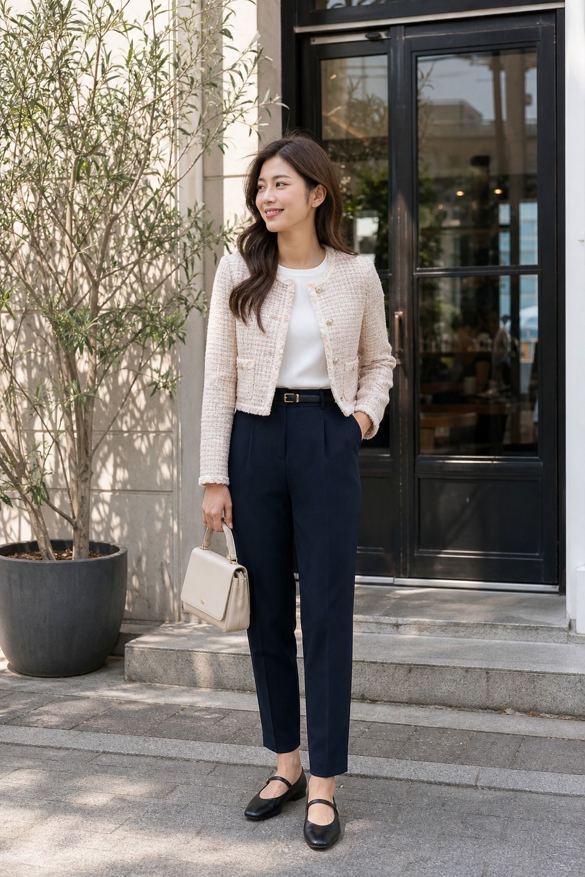 Woman in a cream tweed cropped jacket over a white tee with navy high-waisted trousers, a black belt, black Mary Jane flats and a cream bag on office steps