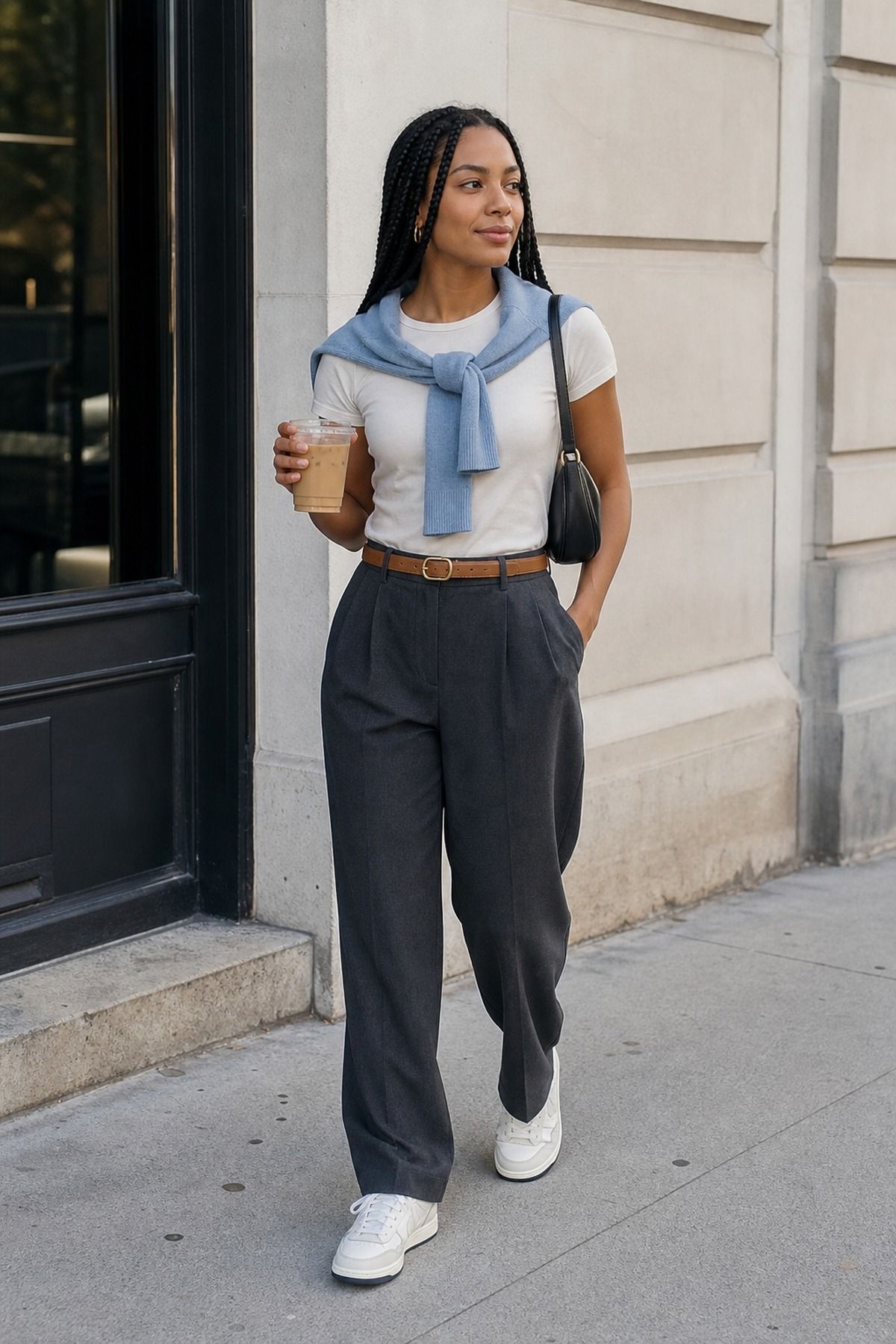 Woman wearing trousers with a soft tee