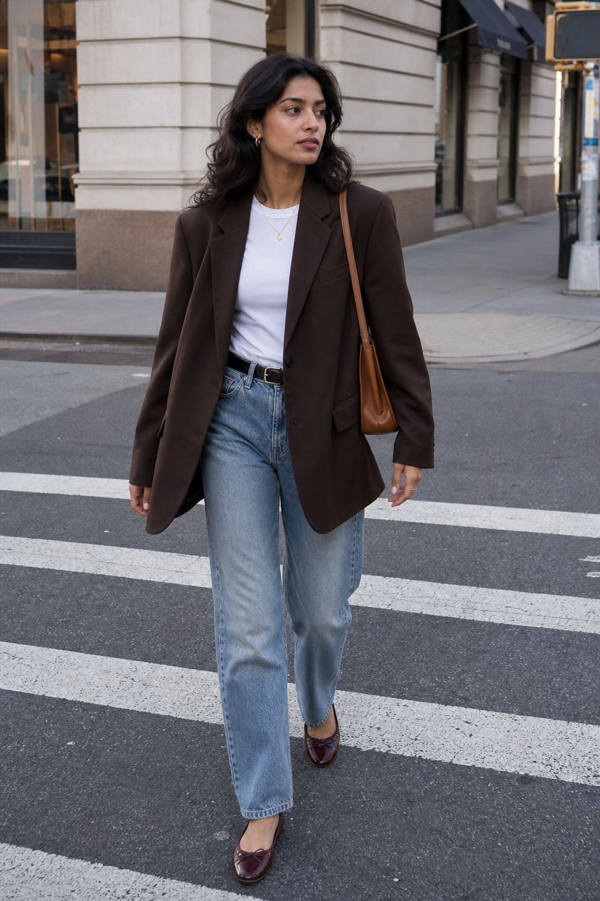 Woman wearing a blazer over whatever base is clean