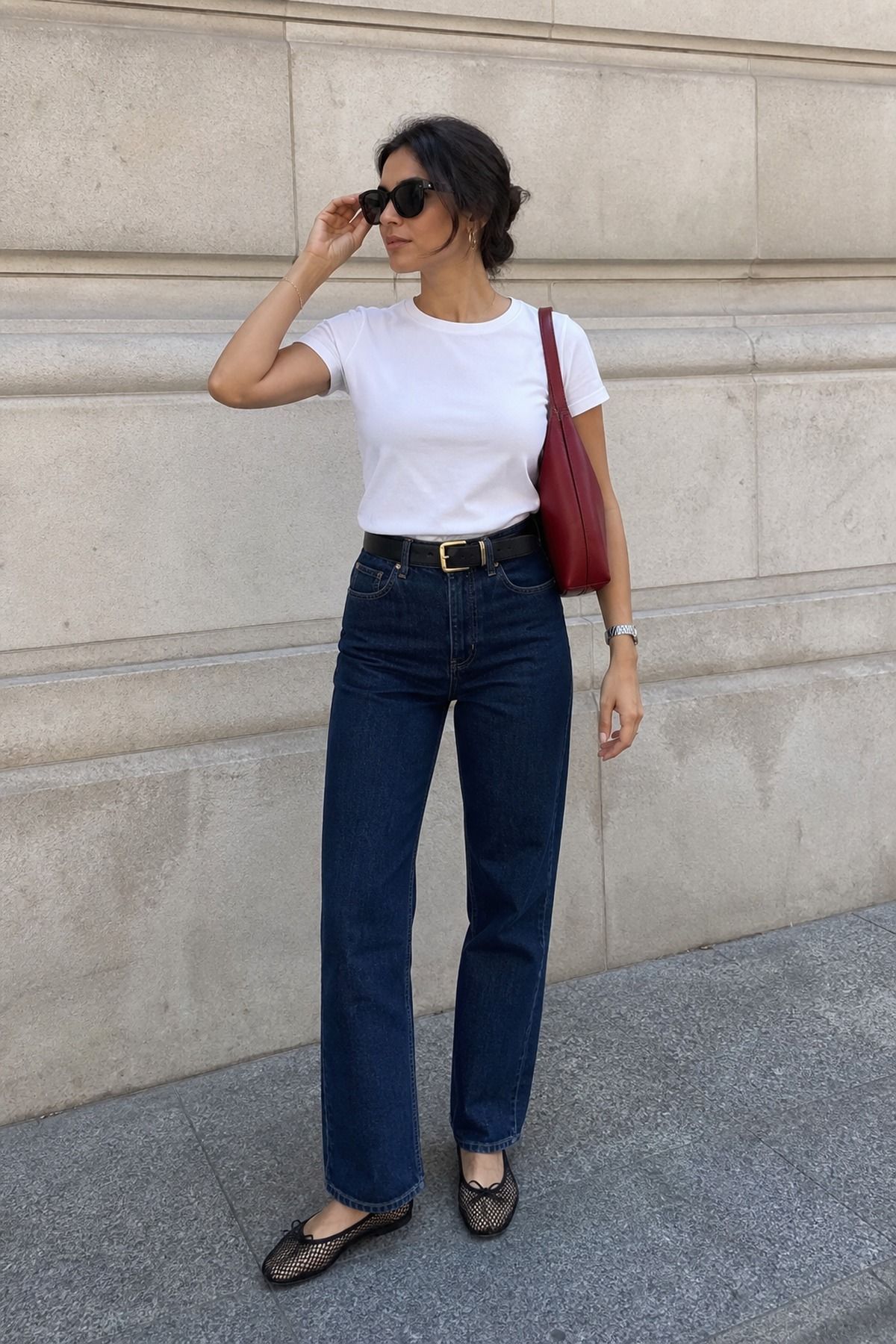 Woman wearing a tee, belt, bag, and sunglasses