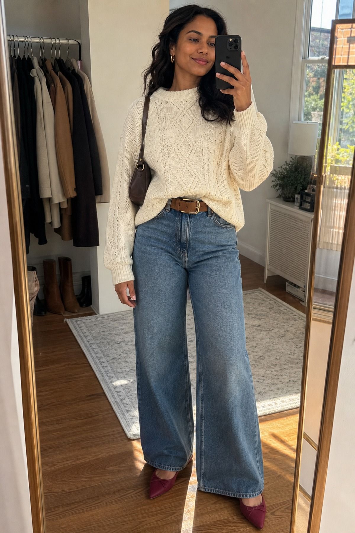 Woman wearing chunky cream knit front-tucked into wide-leg jeans