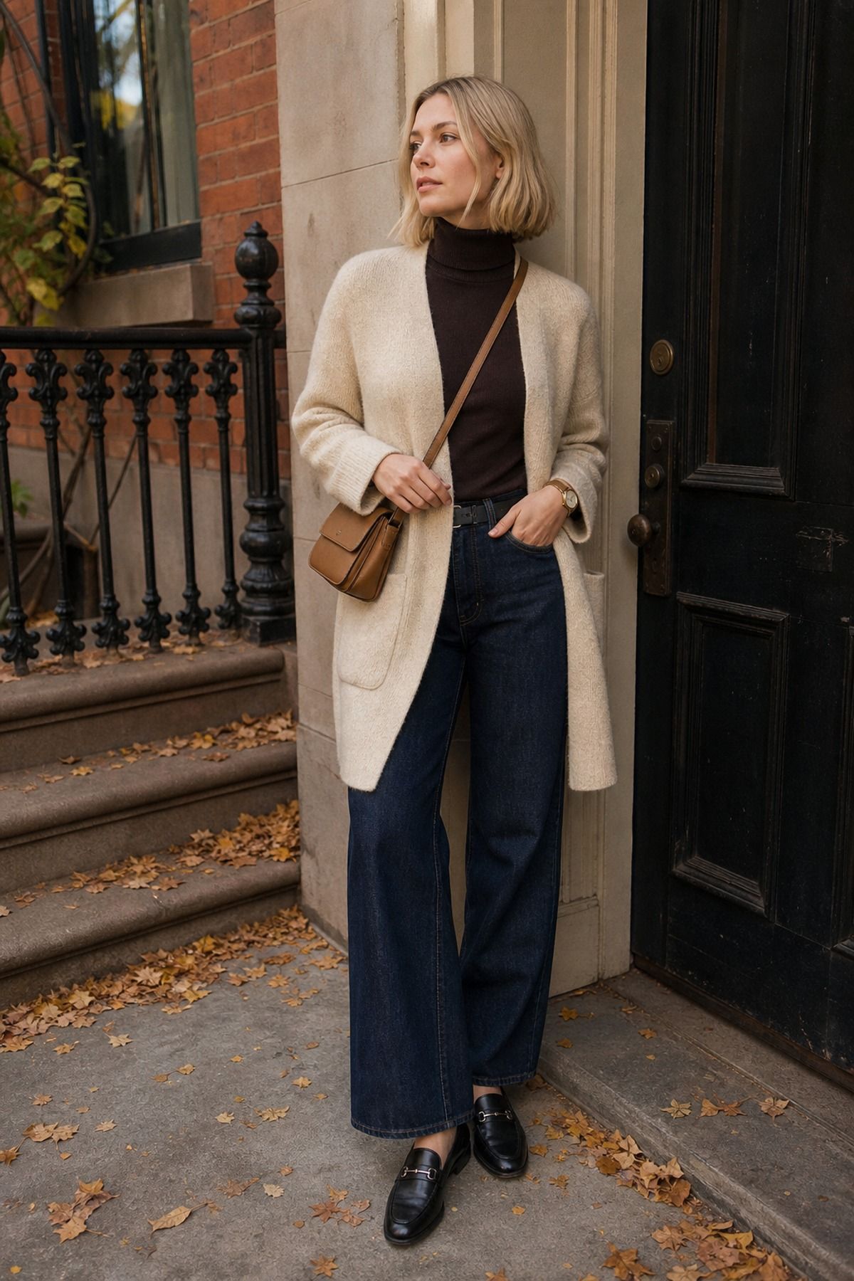 Woman wearing a cream coatigan over a slim turtleneck