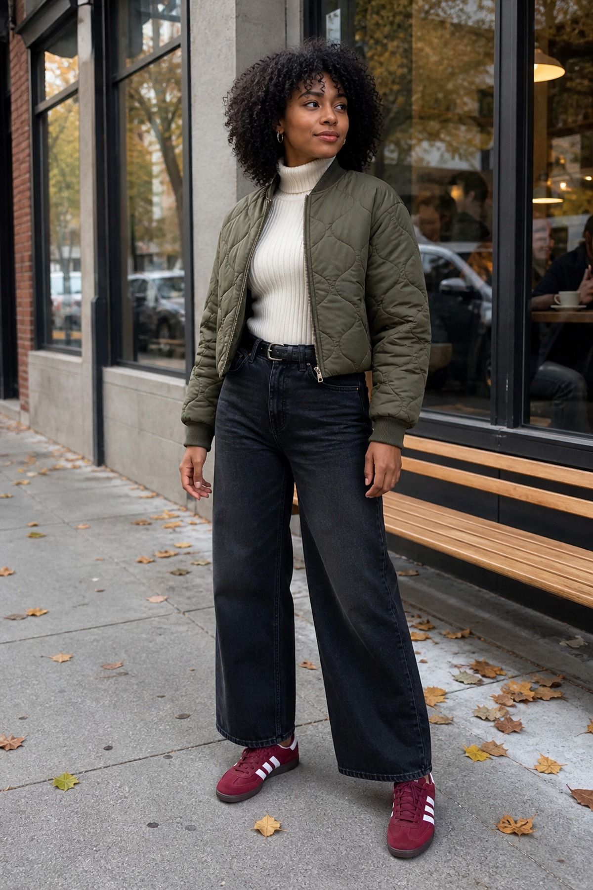 Woman wearing a turtleneck sweater with a cropped quilted jacket