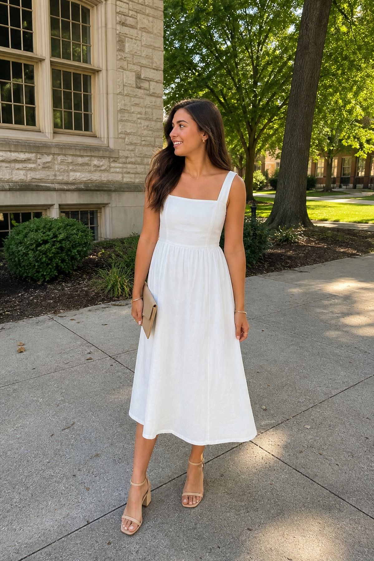 Woman wearing a white midi dress with low block heels, a casual graduation outfit