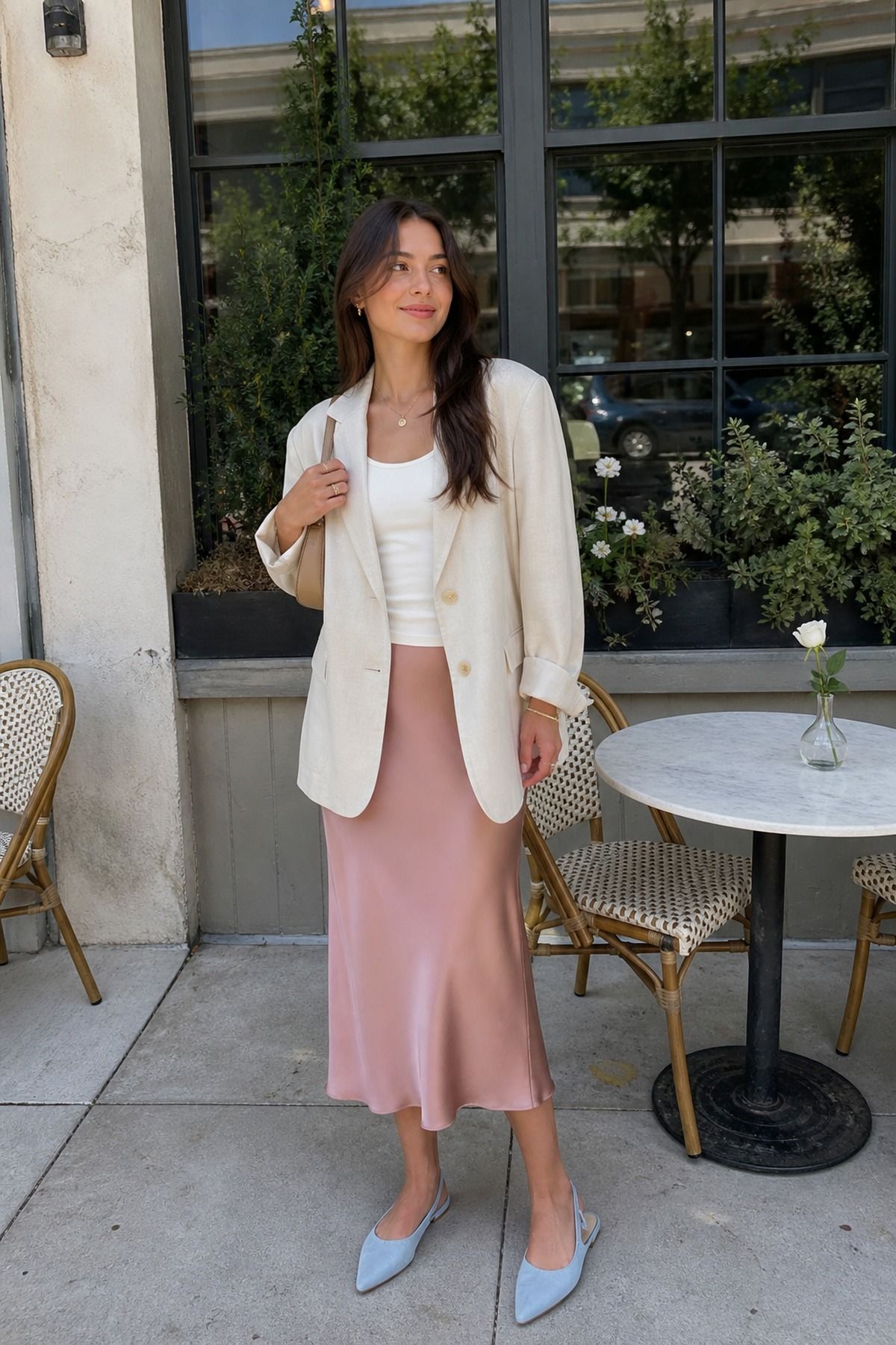 Woman wearing a linen blazer with a satin skirt, a casual graduation outfit