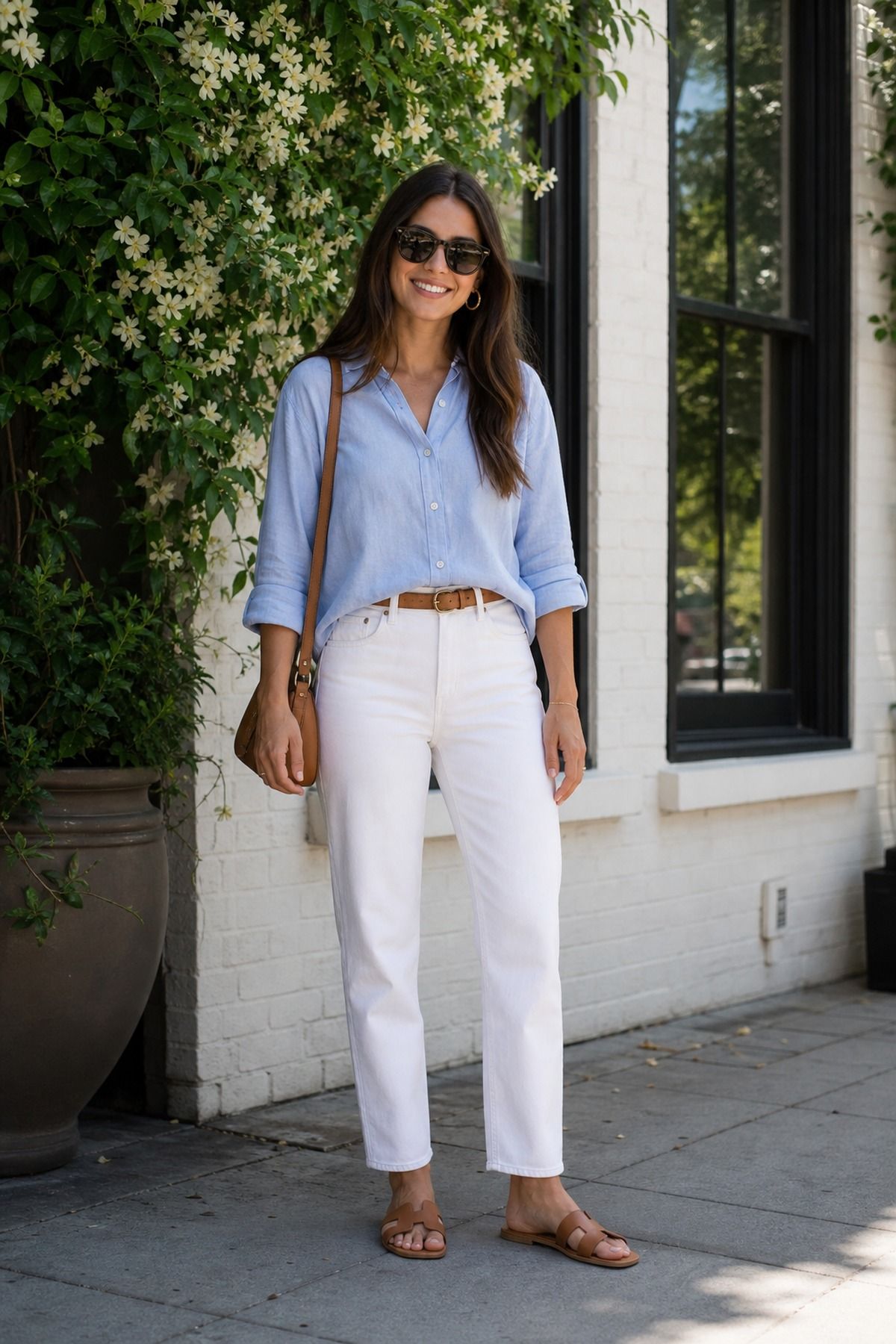Woman wearing white jeans with a soft blue button down, a casual graduation outfit