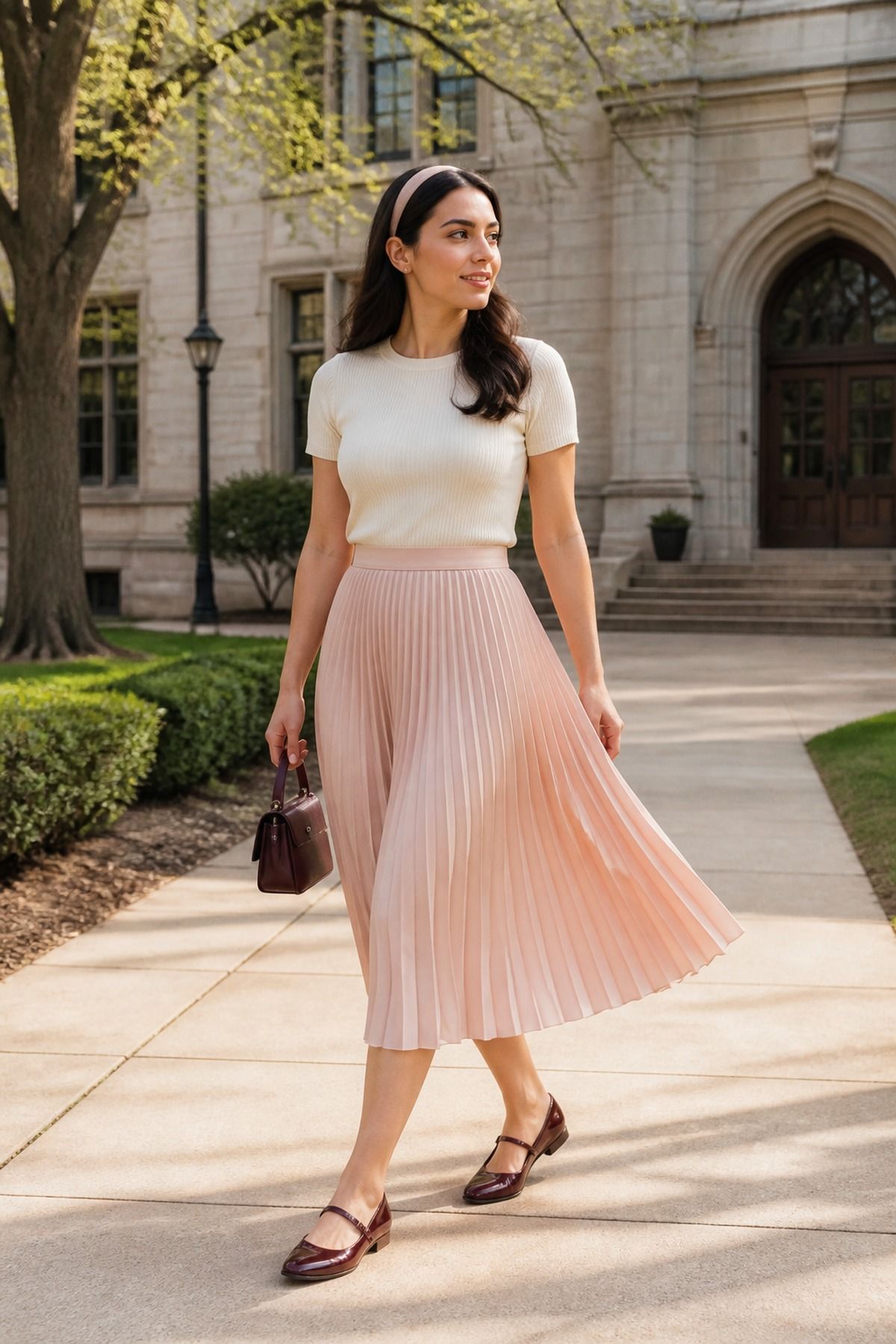 Woman wearing a pleated skirt with a fitted knit top, a casual graduation outfit