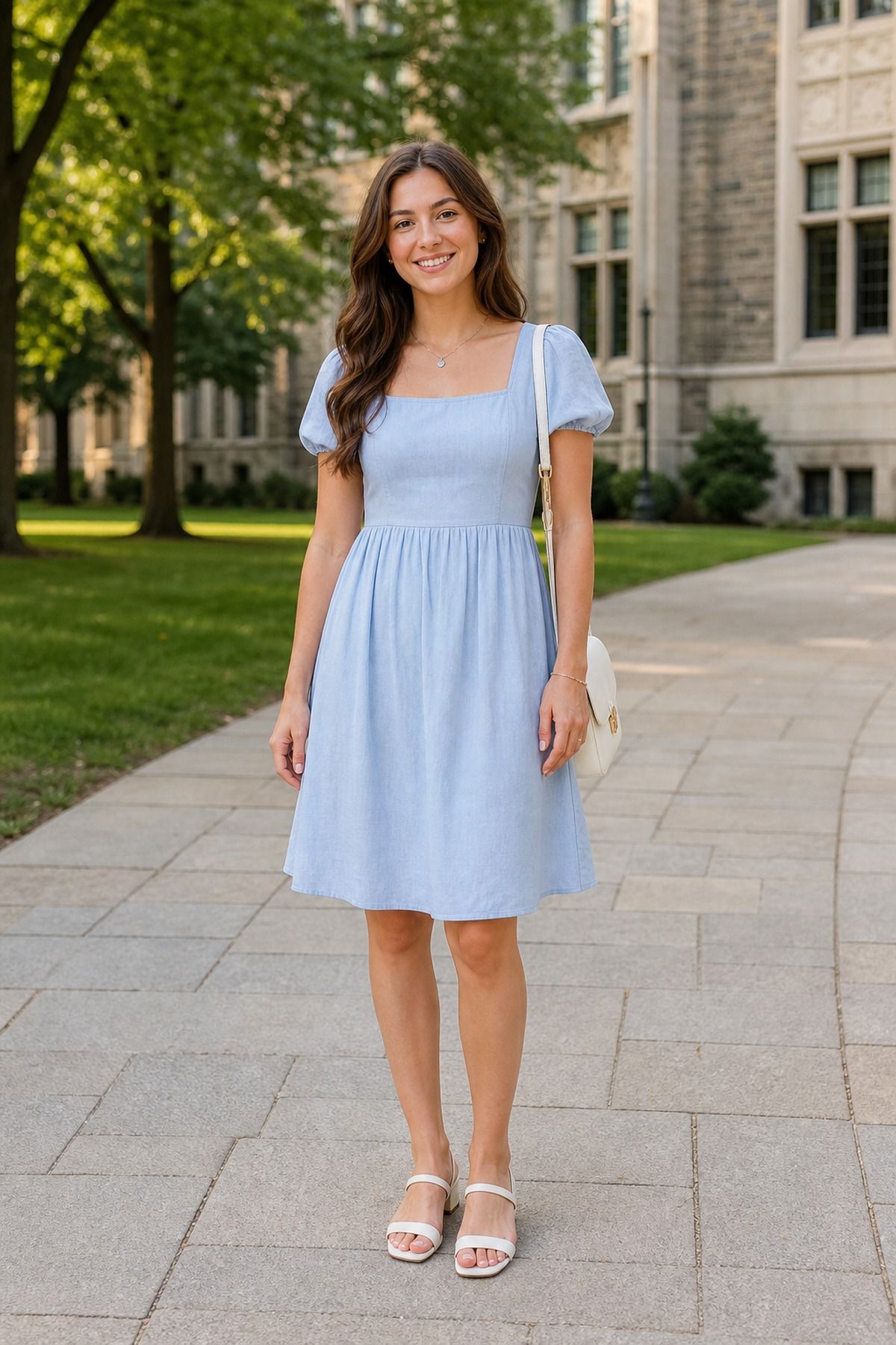 Woman wearing a soft pastel dress with simple sandals, a casual graduation outfit