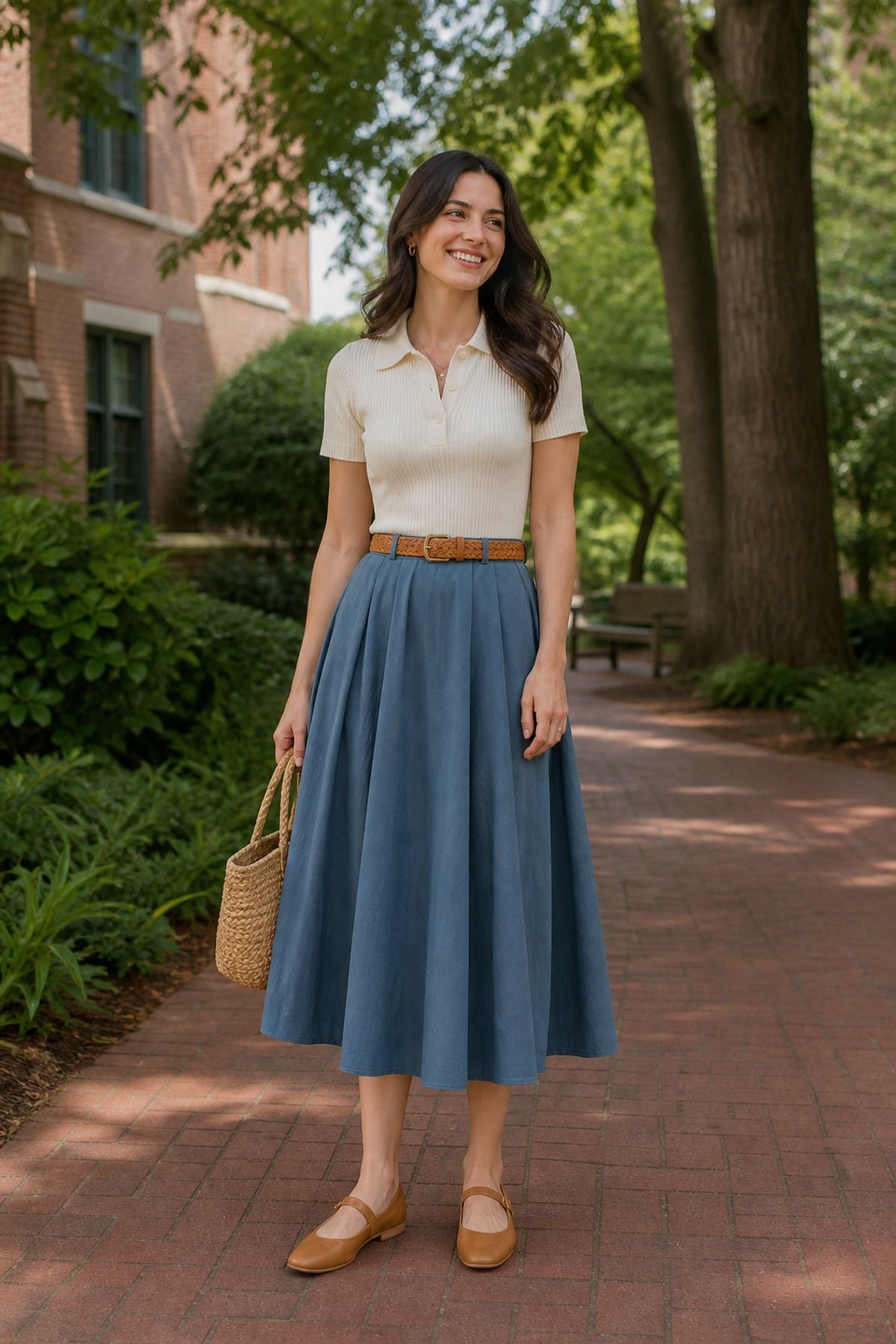 Woman wearing a knit polo with a full skirt, a casual graduation outfit