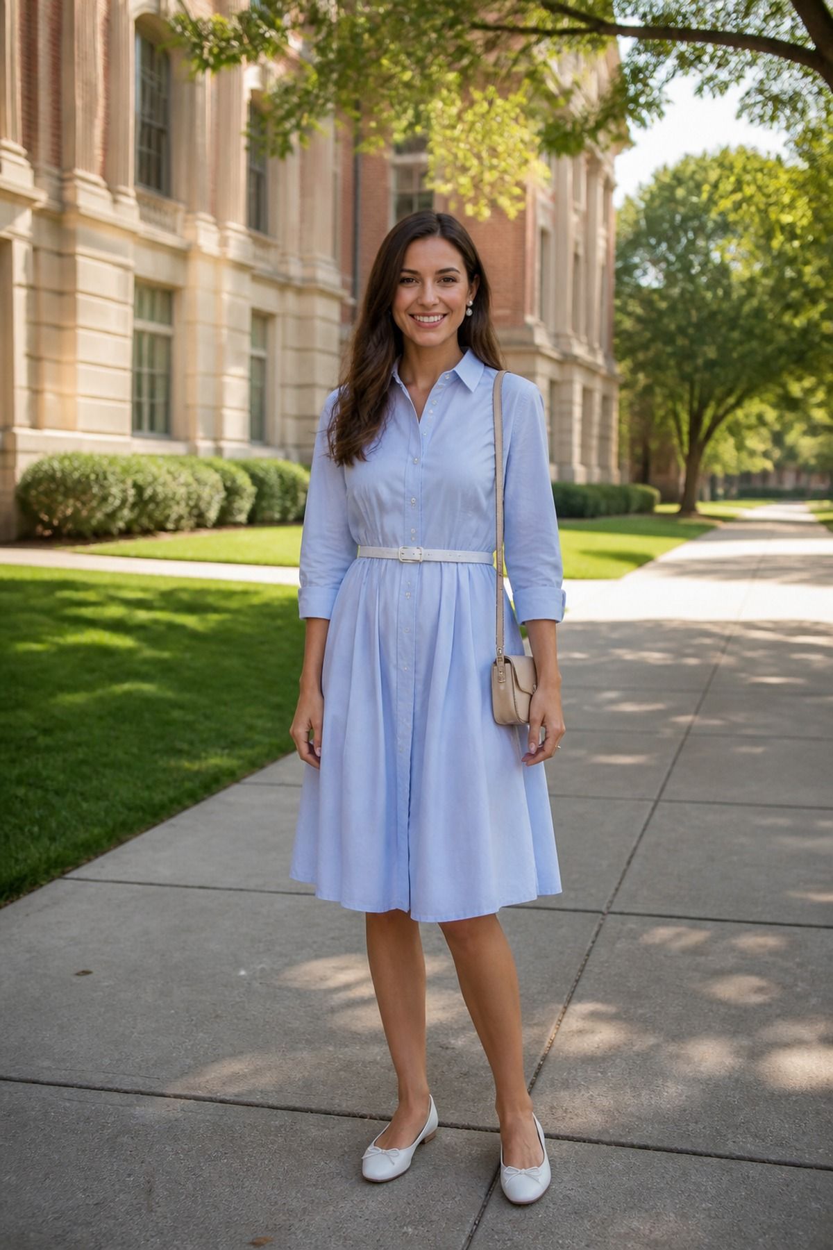 Woman wearing a shirtdress with ballet flats, a casual graduation outfit