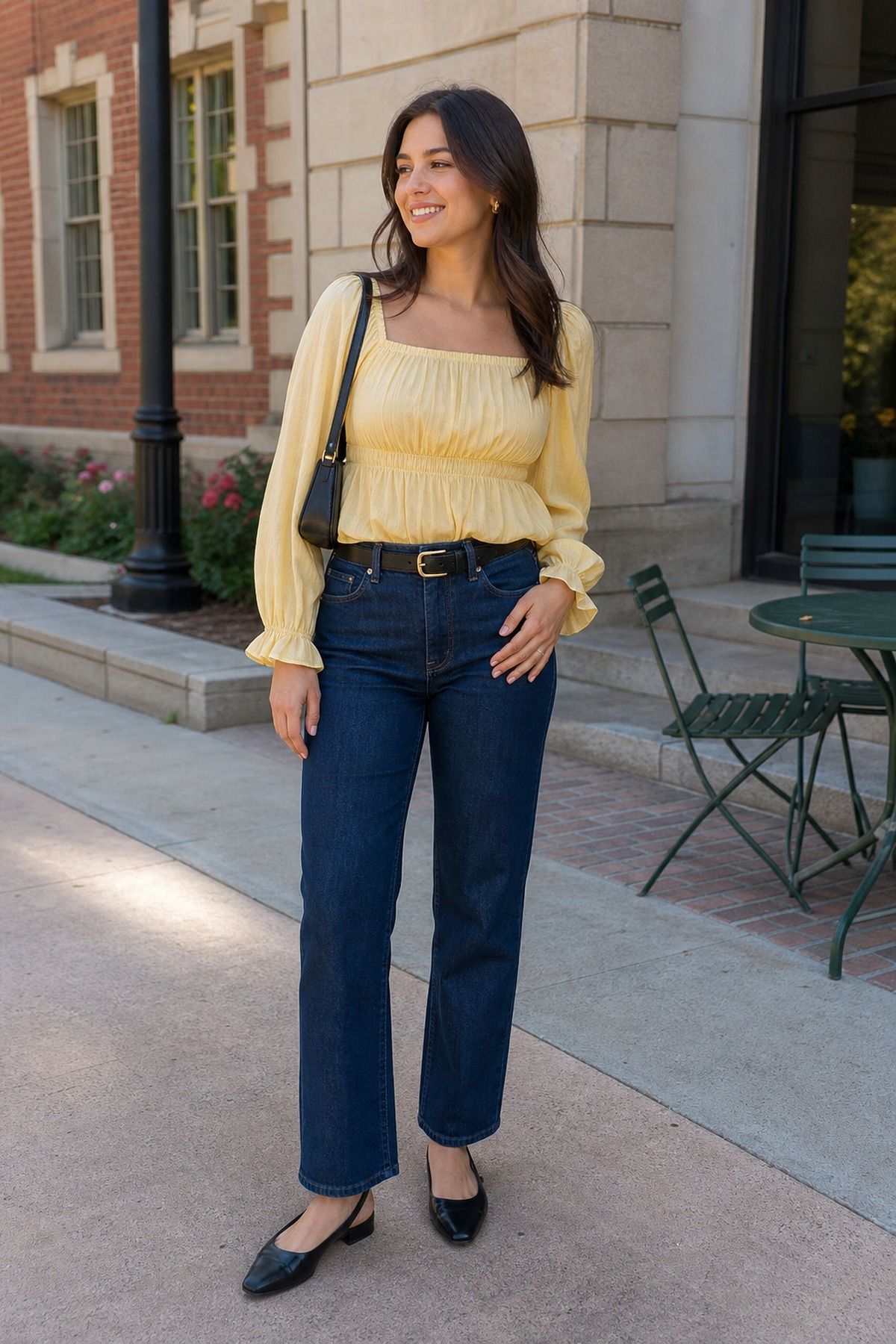 Woman wearing a blouse with dark jeans and slingbacks, a casual graduation outfit