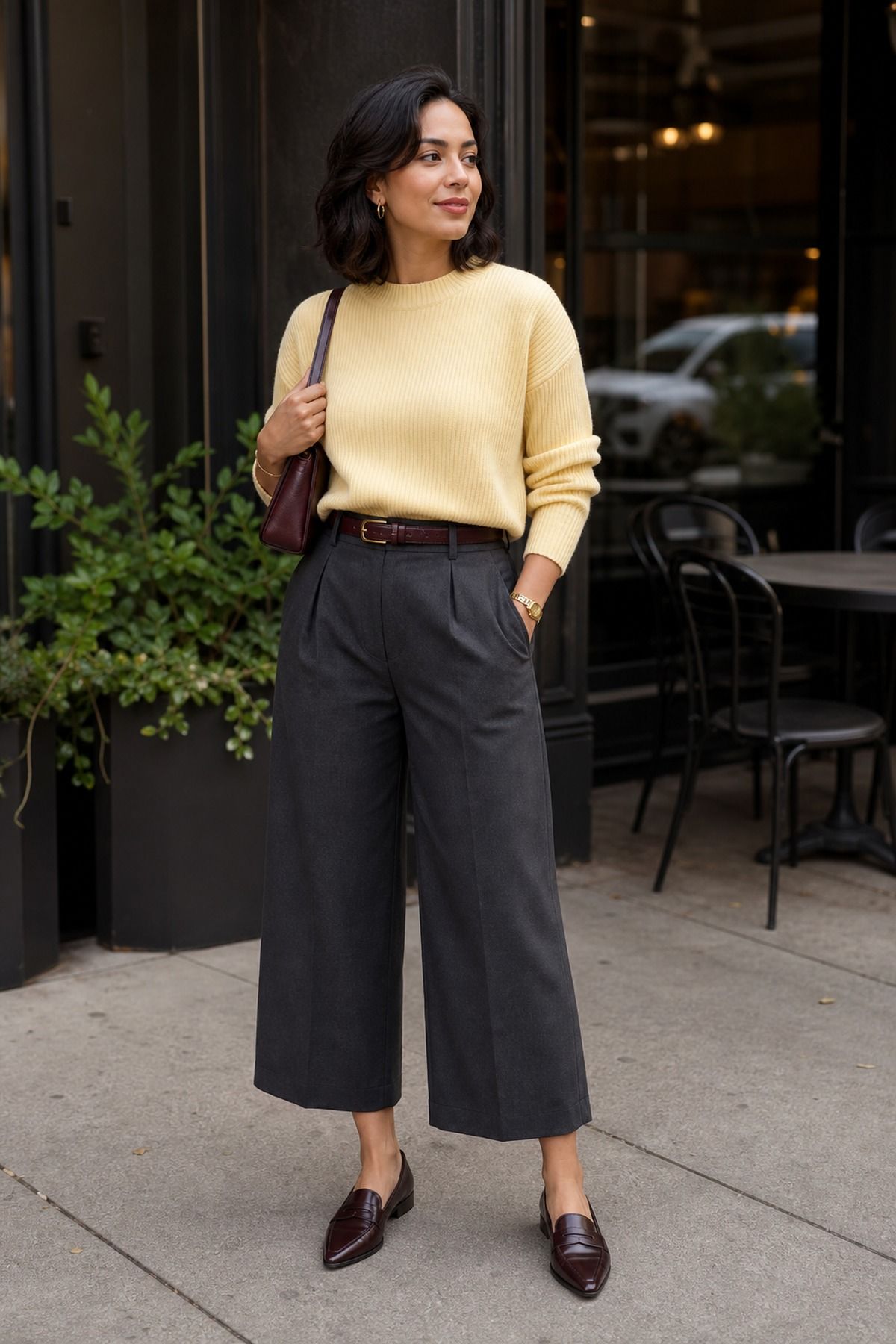 Woman in a butter yellow fine knit sweater tucked into charcoal cropped wide-leg wool trousers with a brown belt, burgundy loafers and a burgundy bag