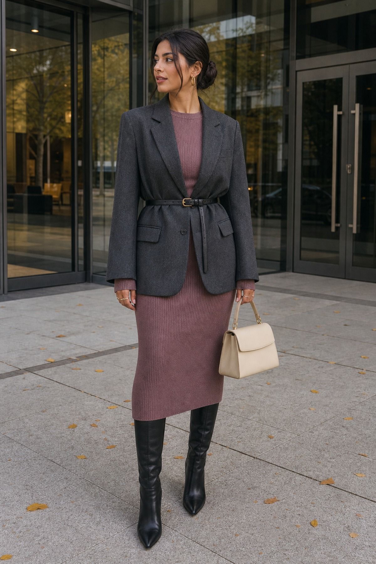 Woman in a charcoal blazer belted over a mauve ribbed knit midi dress with black knee-high boots and a cream top-handle bag