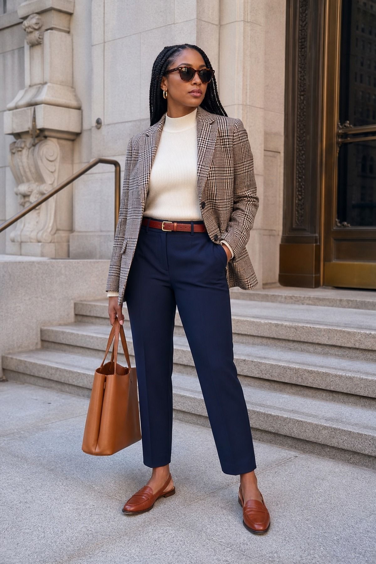 Woman in a brown check blazer over a cream knit with navy trousers, a brown belt, cognac loafers and a cognac tote on stone steps