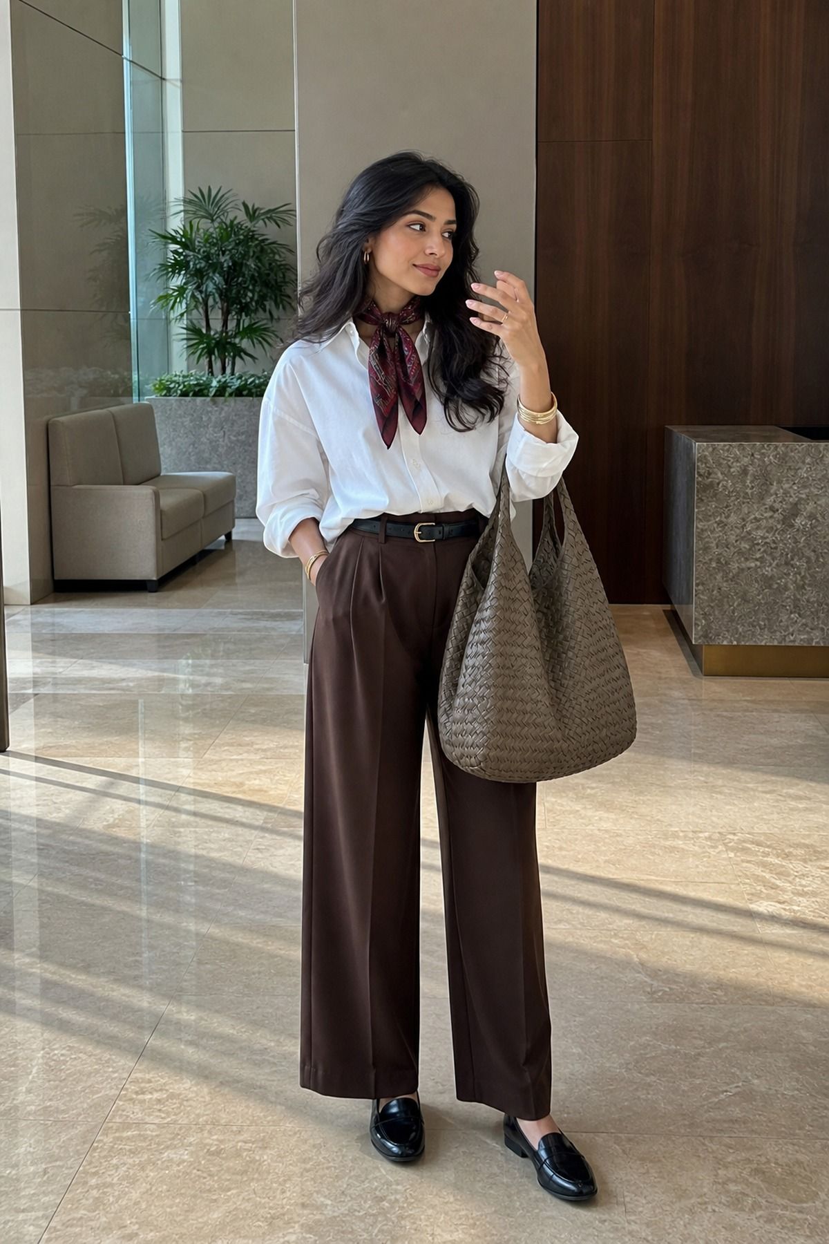 Woman in a white shirt with a burgundy silk neck scarf, chocolate brown wide-leg trousers with a black belt, black loafers and a woven taupe bag
